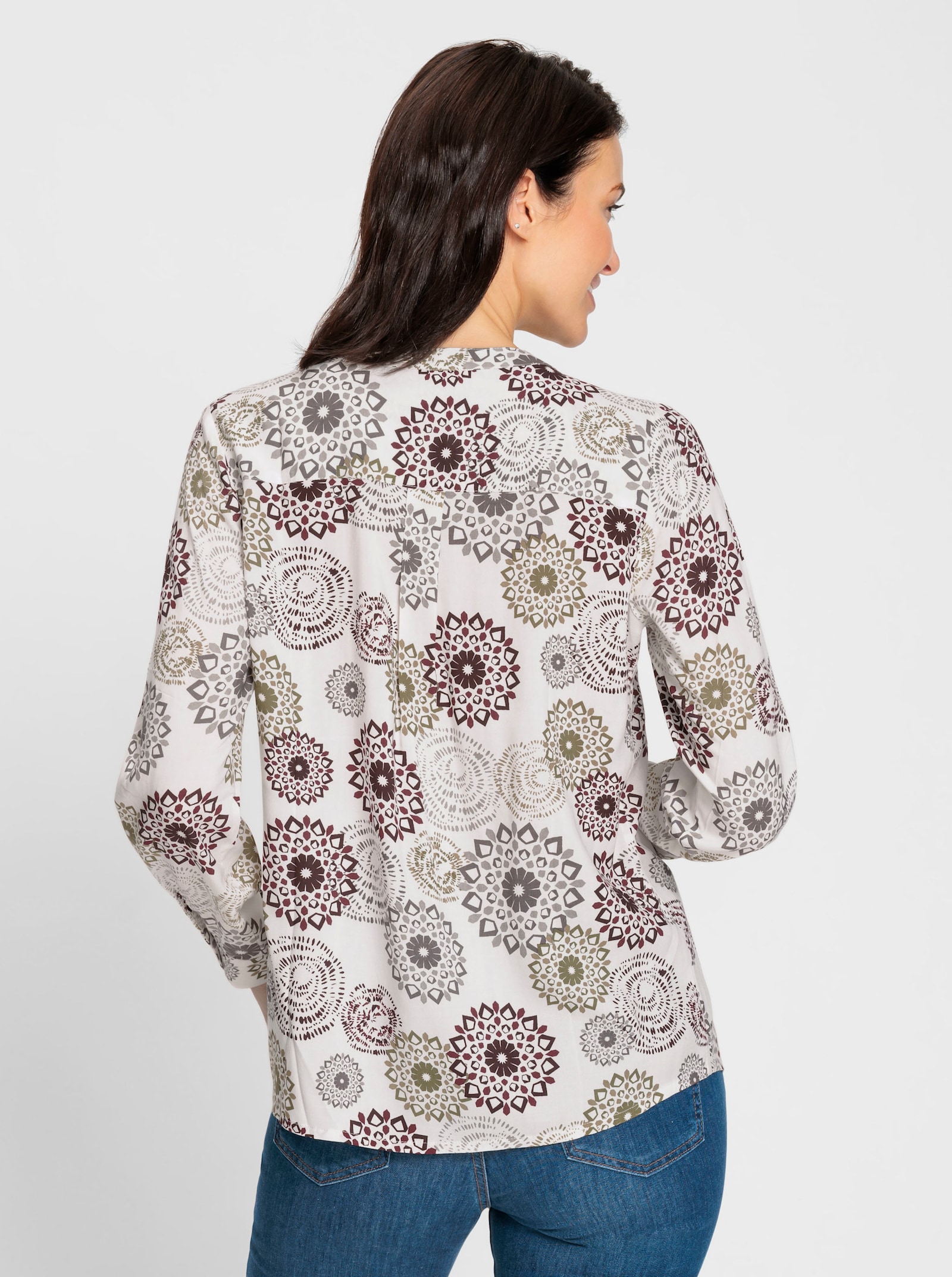 Blouse met lange opstroopbare mouwen - ecru/bordeaux bedrukt