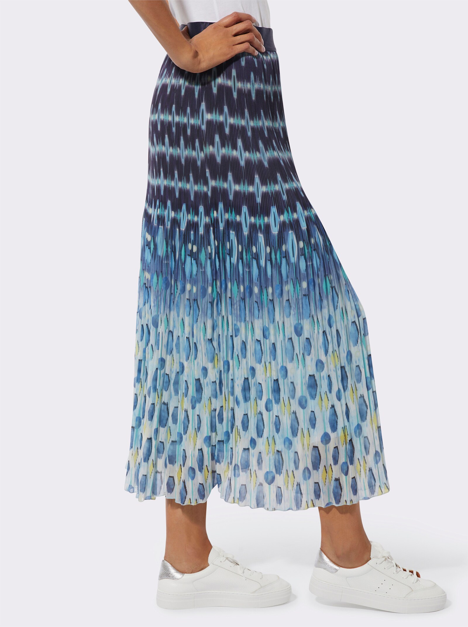 Plisseerock mit einfarbigem Elastikbund - marine-hellblau-bedruckt