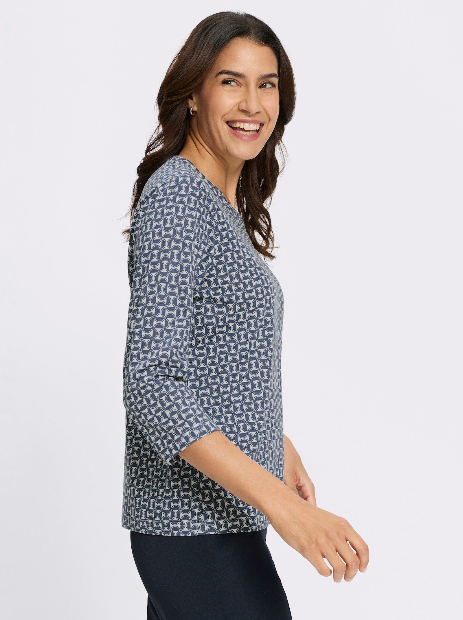 Print-Shirt mit grafischem Dessin - rauchblau-ecru-bedruckt