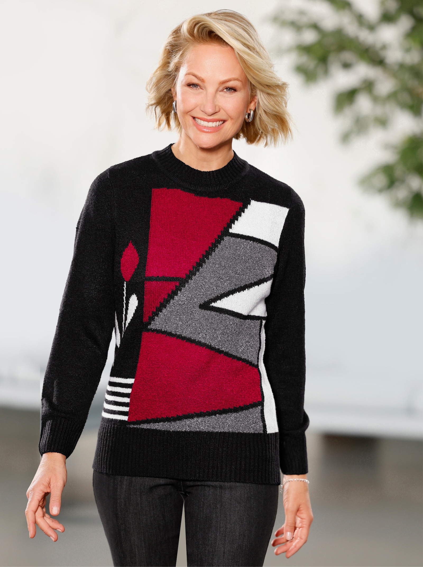 Svetr s kulatým výstřihem s žebrovanými náplety - černá-červená vzor