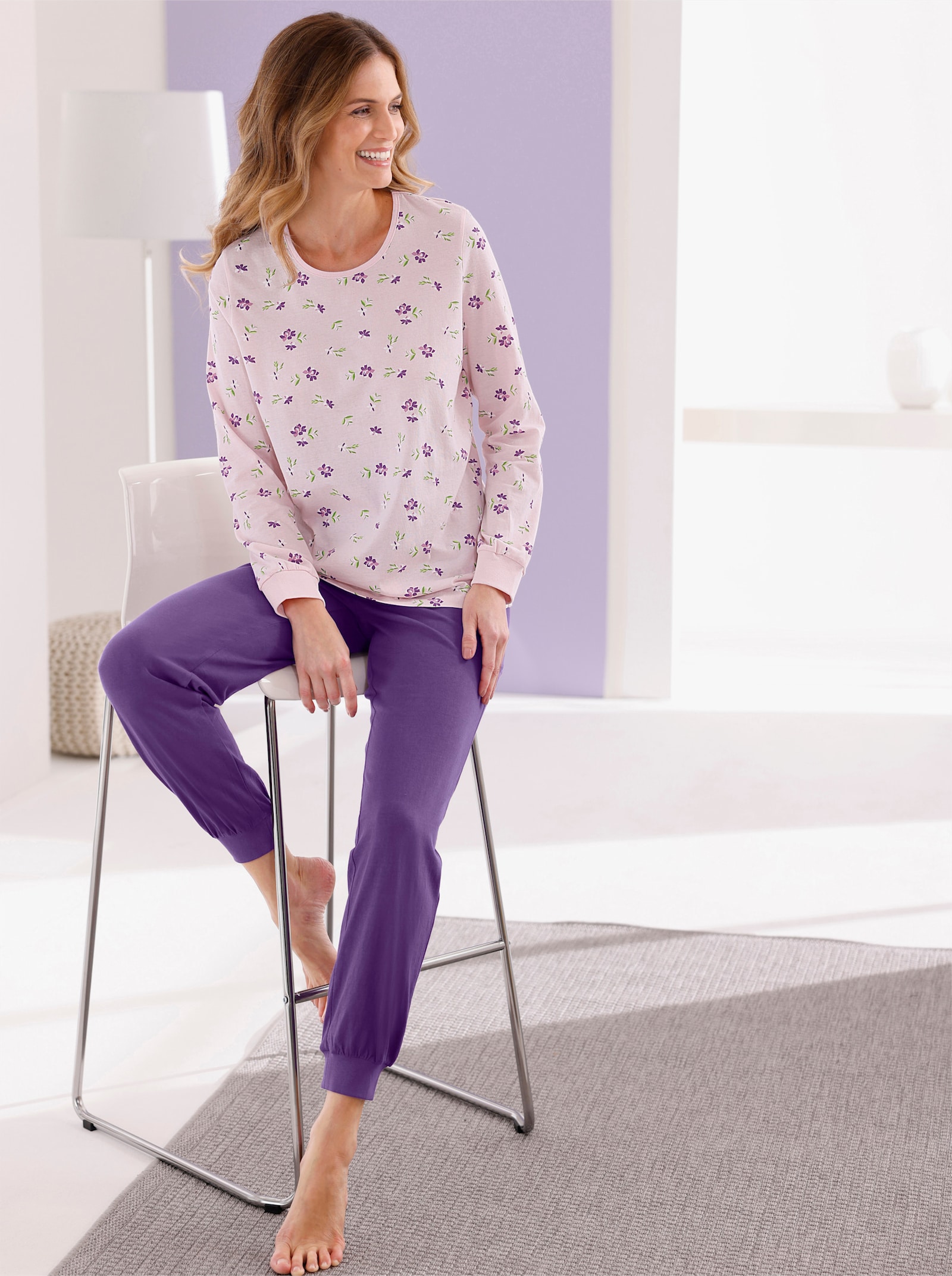 wäschepur Schlafanzüge mit Millefleursprint - rosé-lila-bedruckt + lila
