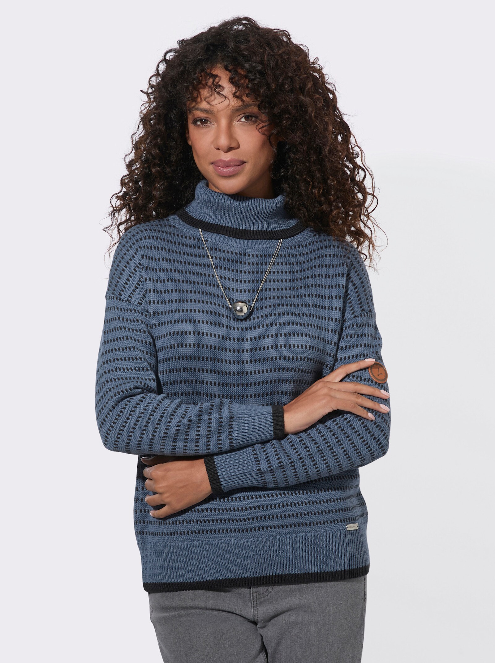  Rollkragenpullover mit Ringeln - rauchblau-schwarz-gemustert