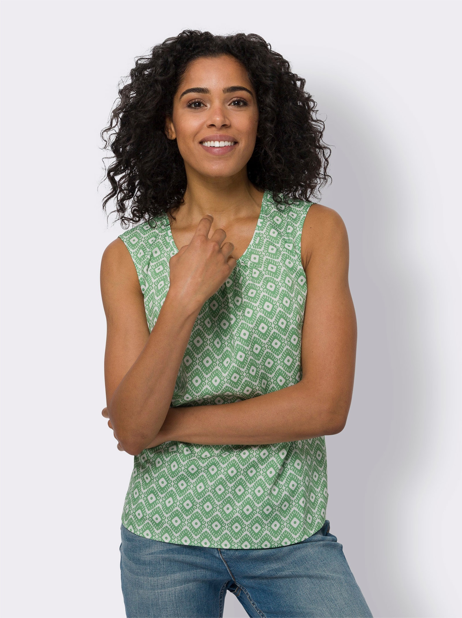 Blúzkový top, min. vzor - Svetlobéžovo-jablková potlač