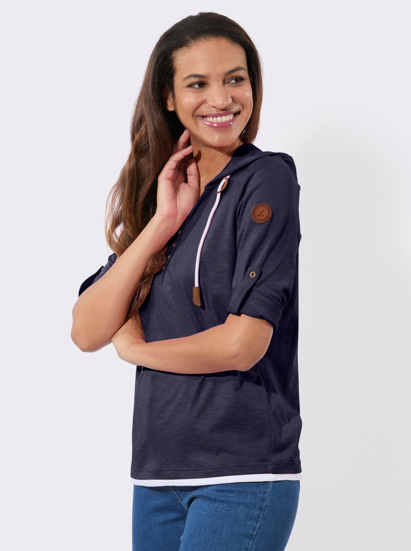 2-in-1-Shirt mit Kapuze - marine-weiß