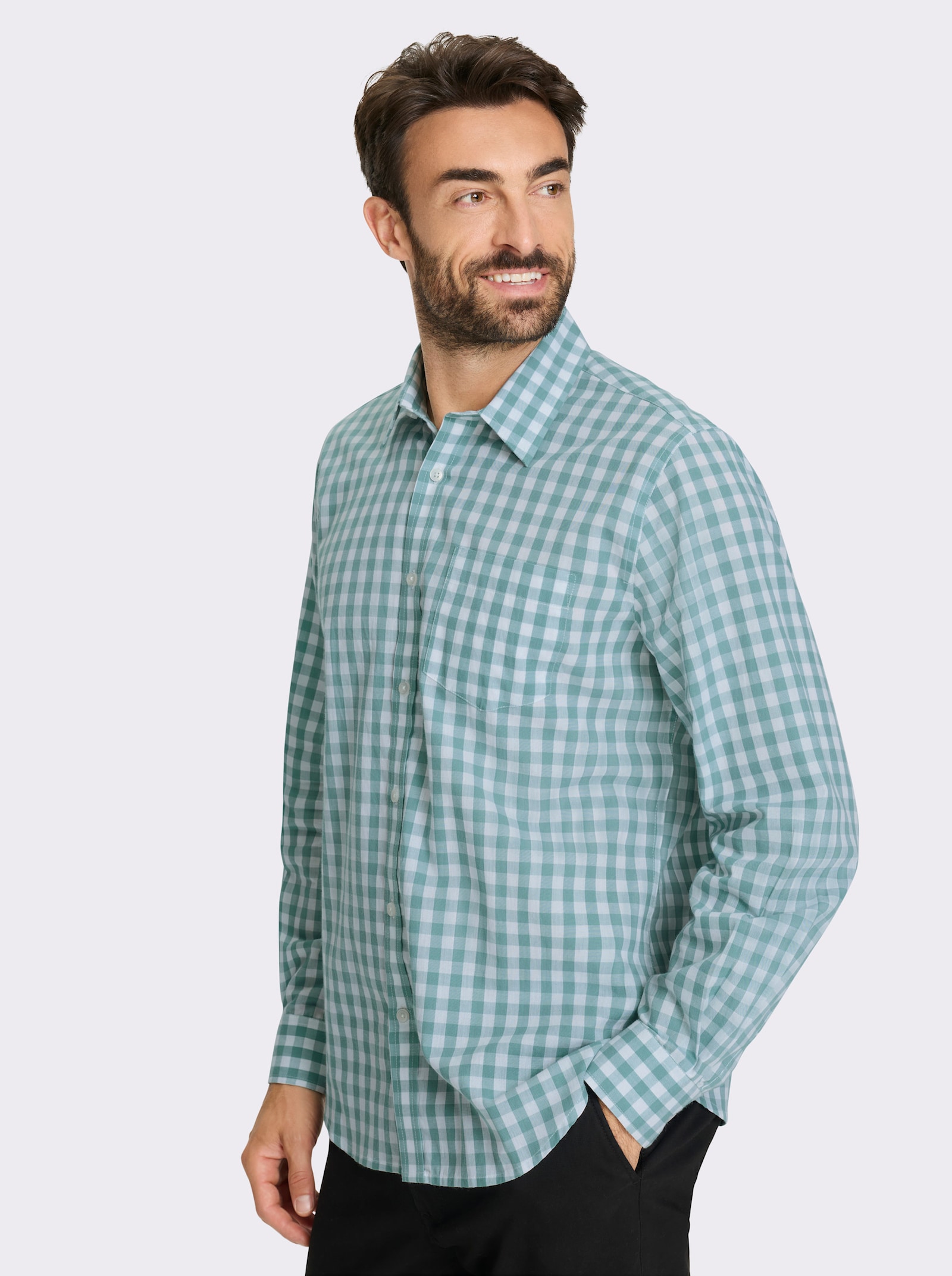 Catamaran Langarmhemd aus Popeline, garngefärbt - salbei-weiß-kariert