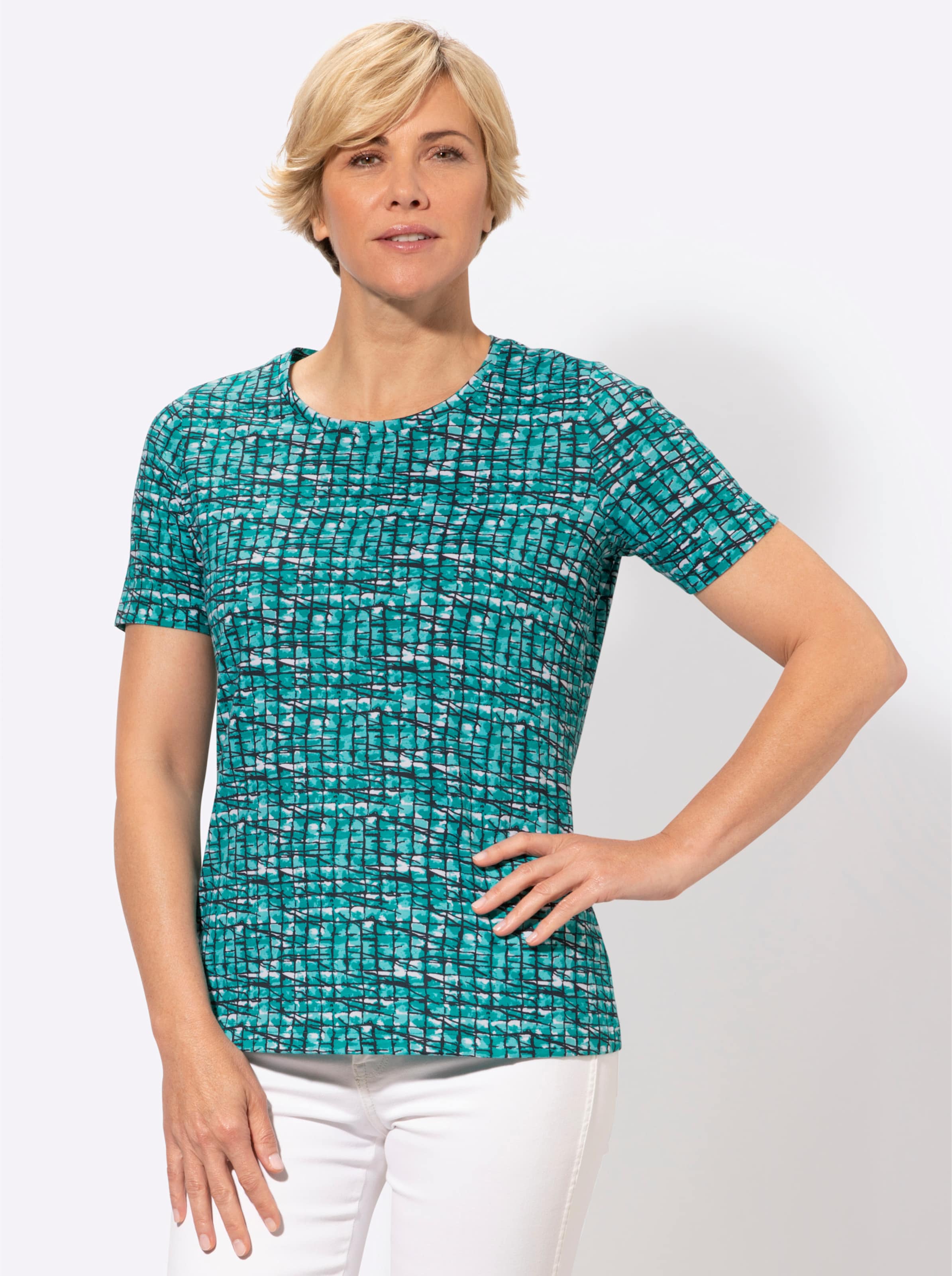 Smaragd günstig Kaufen-Kurzarmshirt in smaragd-gemustert von heine. Kurzarmshirt in smaragd-gemustert von heine <![CDATA[Shirt aus reiner Baumwolle mit kombistarkem Grafik-Druck.]]>. 