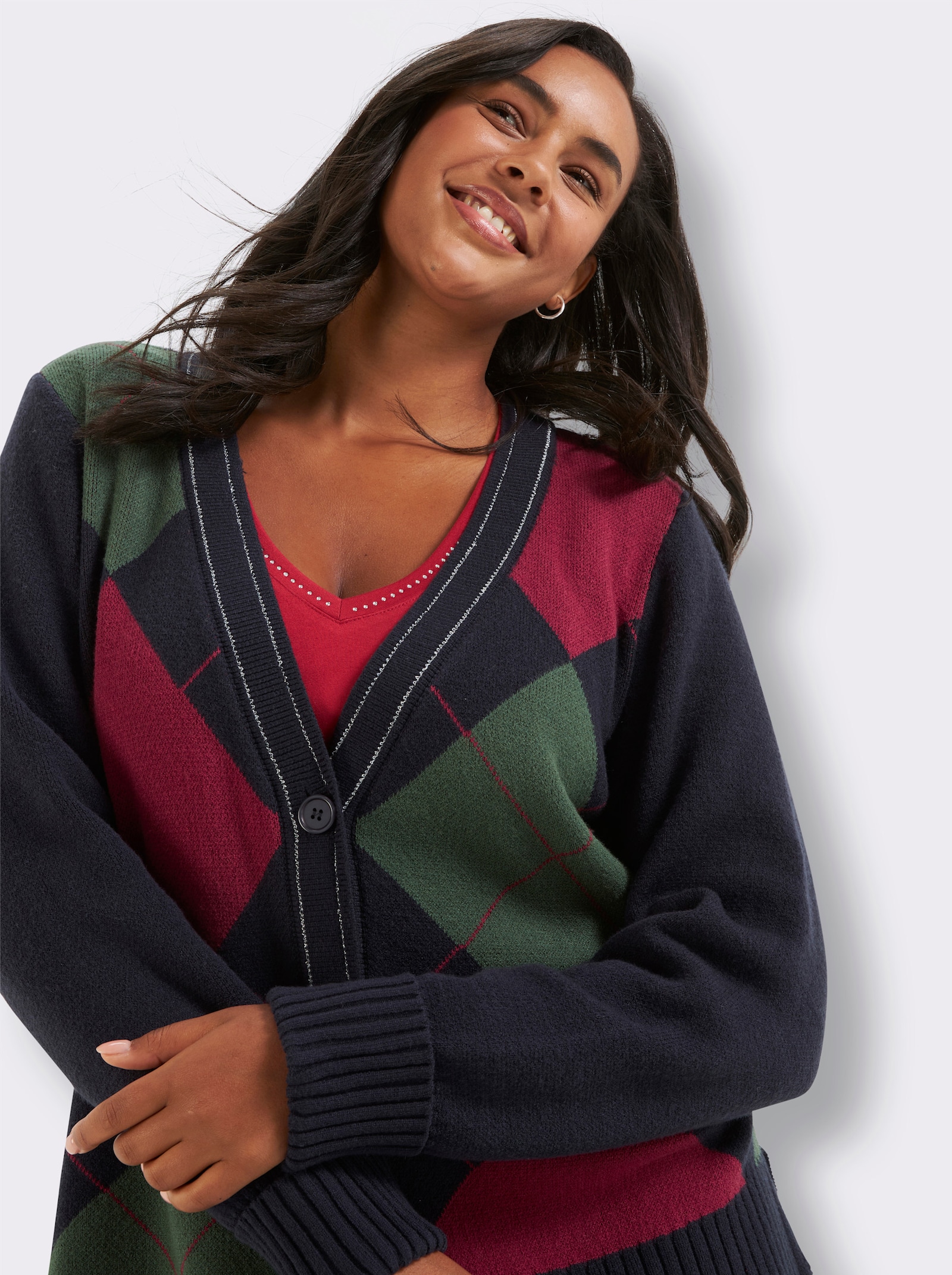 sheego Jacquardstrickjacke mit Lurexfaden - tiefblau-kirsche-gemustert