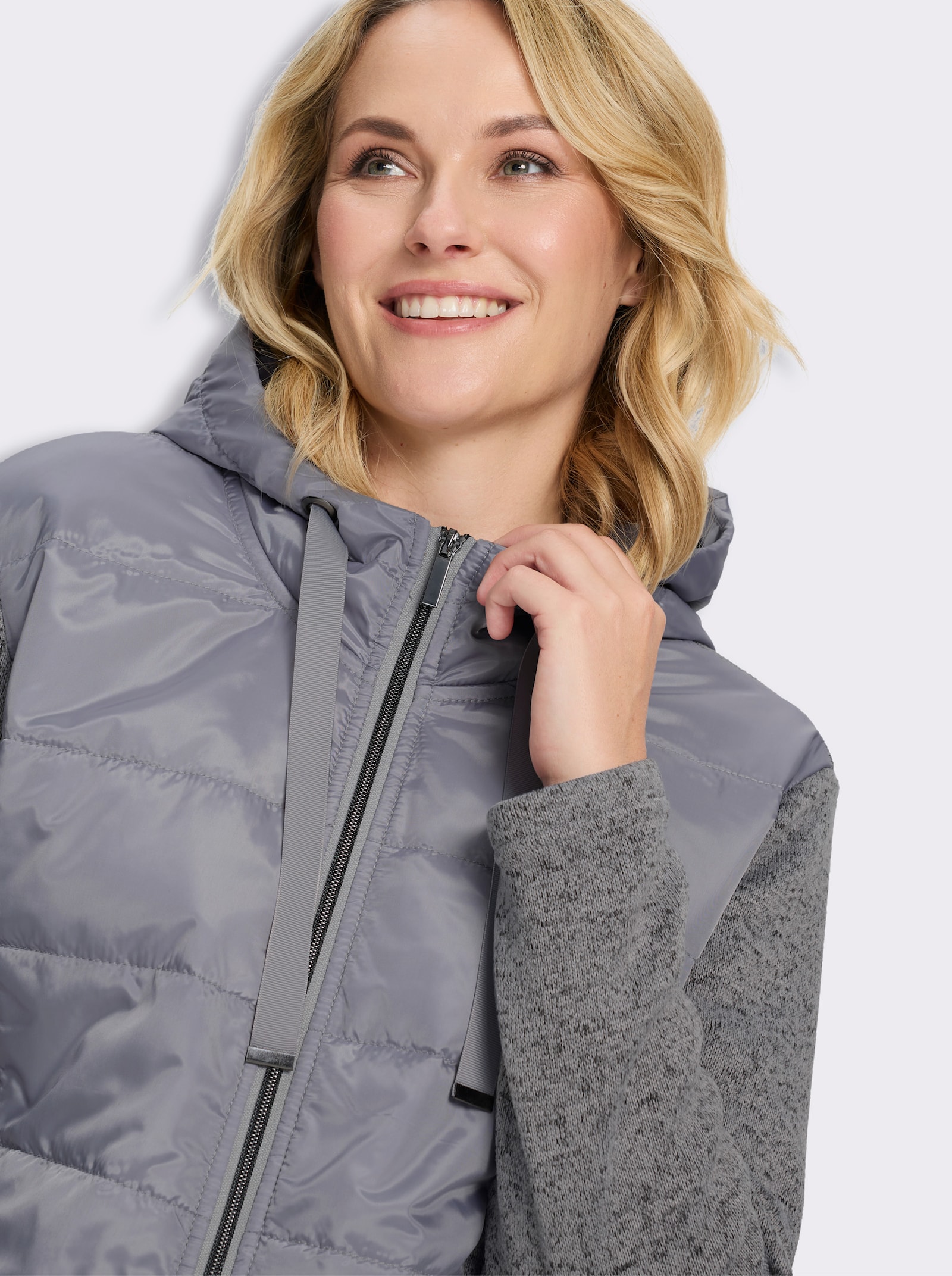 Strickfleecejacke mit gestepptem Web-Einsatz - steingrau-meliert