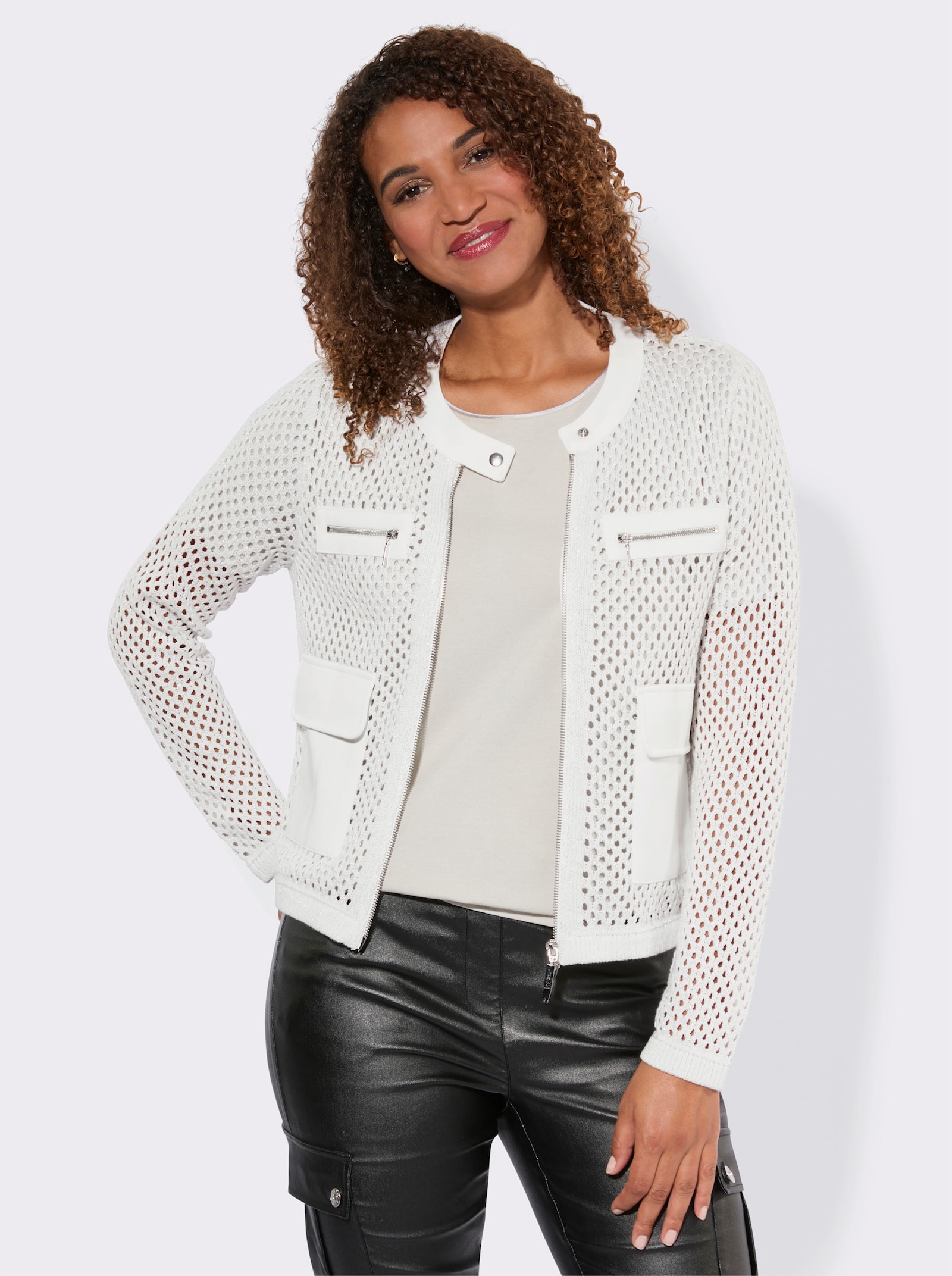 Ajourstrickjacke mit Glanzgarn-Akzenten - weiß