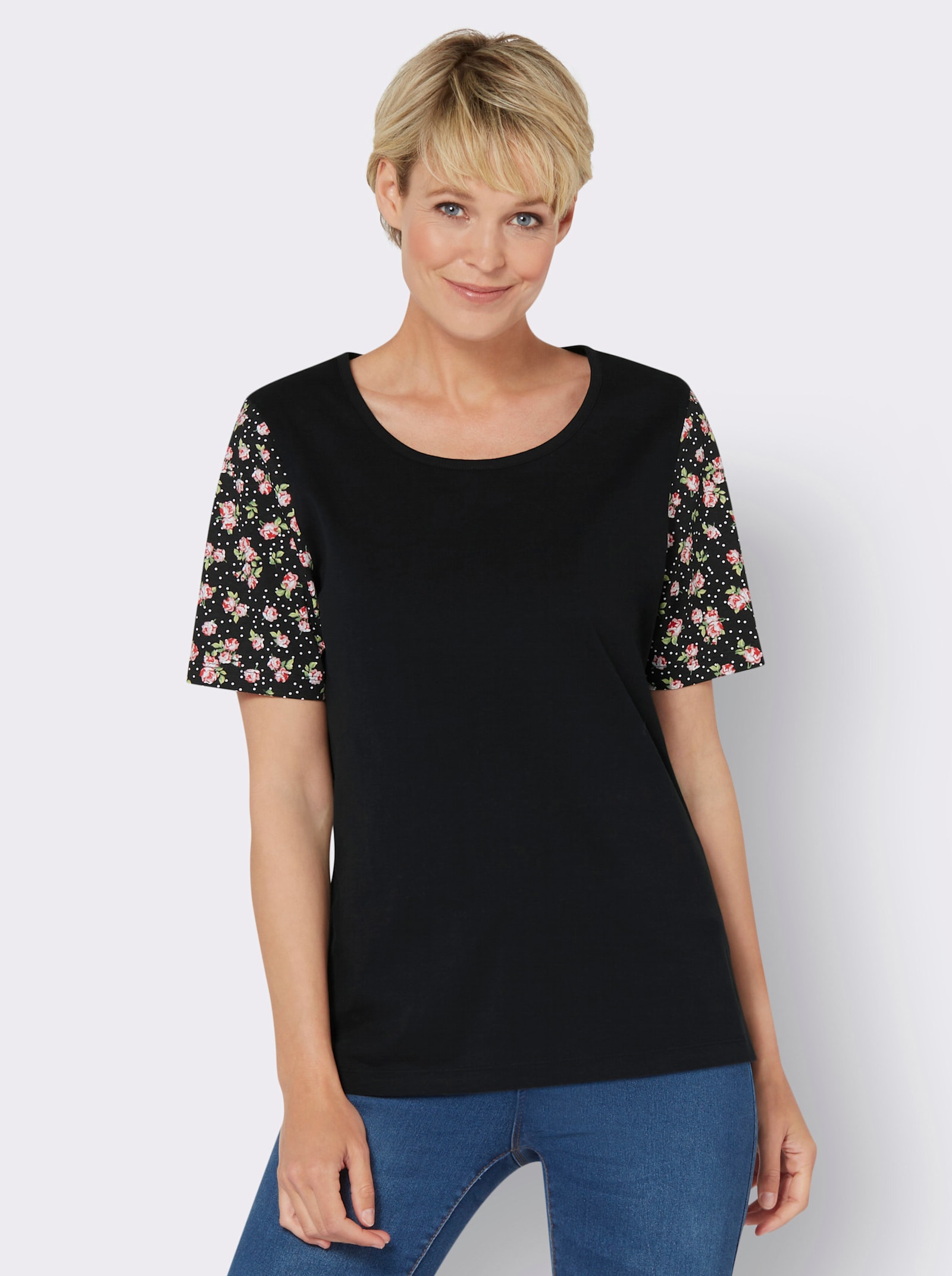 Tričko, krátke rukávy, kvietky na rukáve - čierna