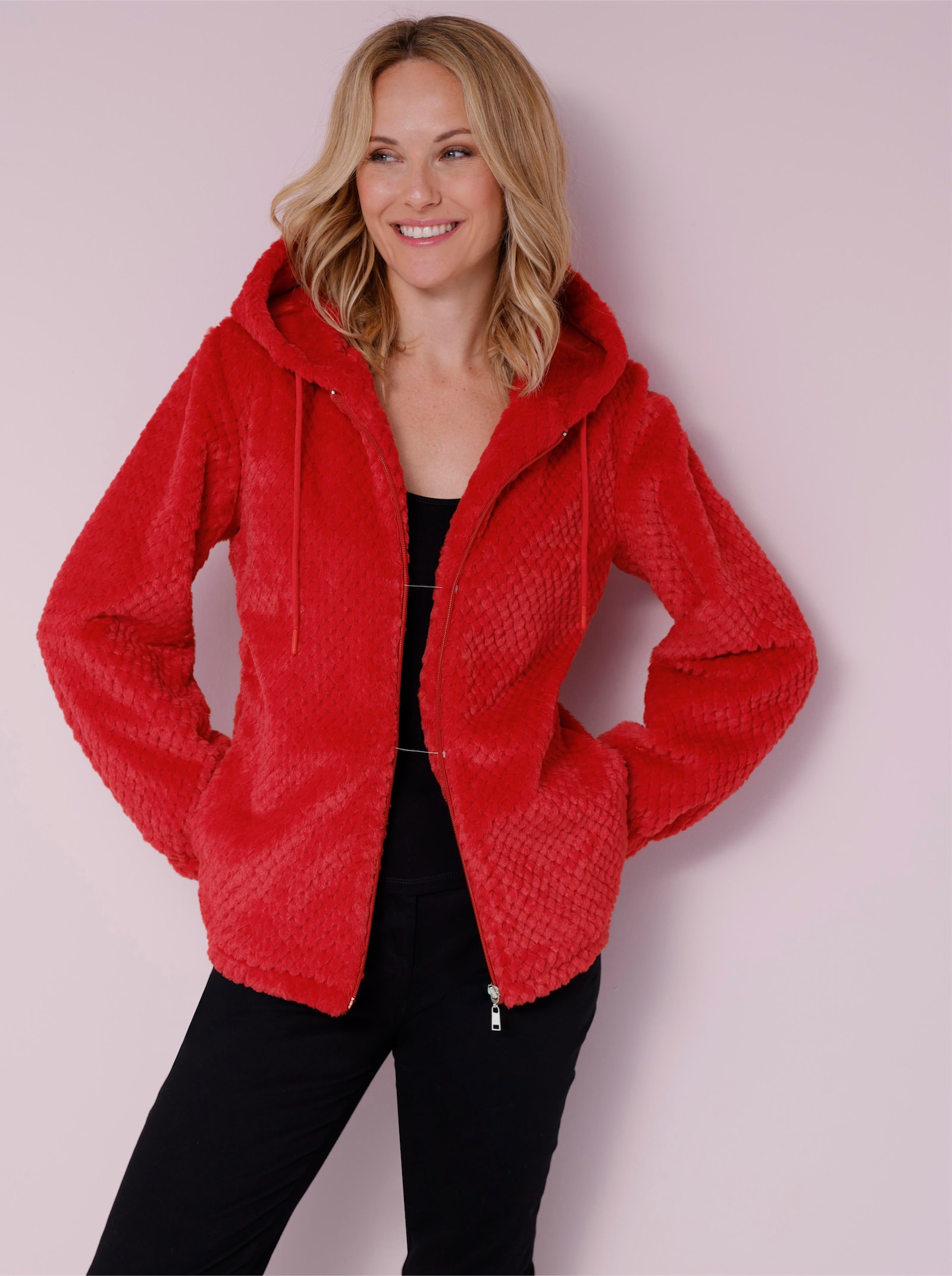 Jacke aus Plüsch mit Rauten-Muster - rot