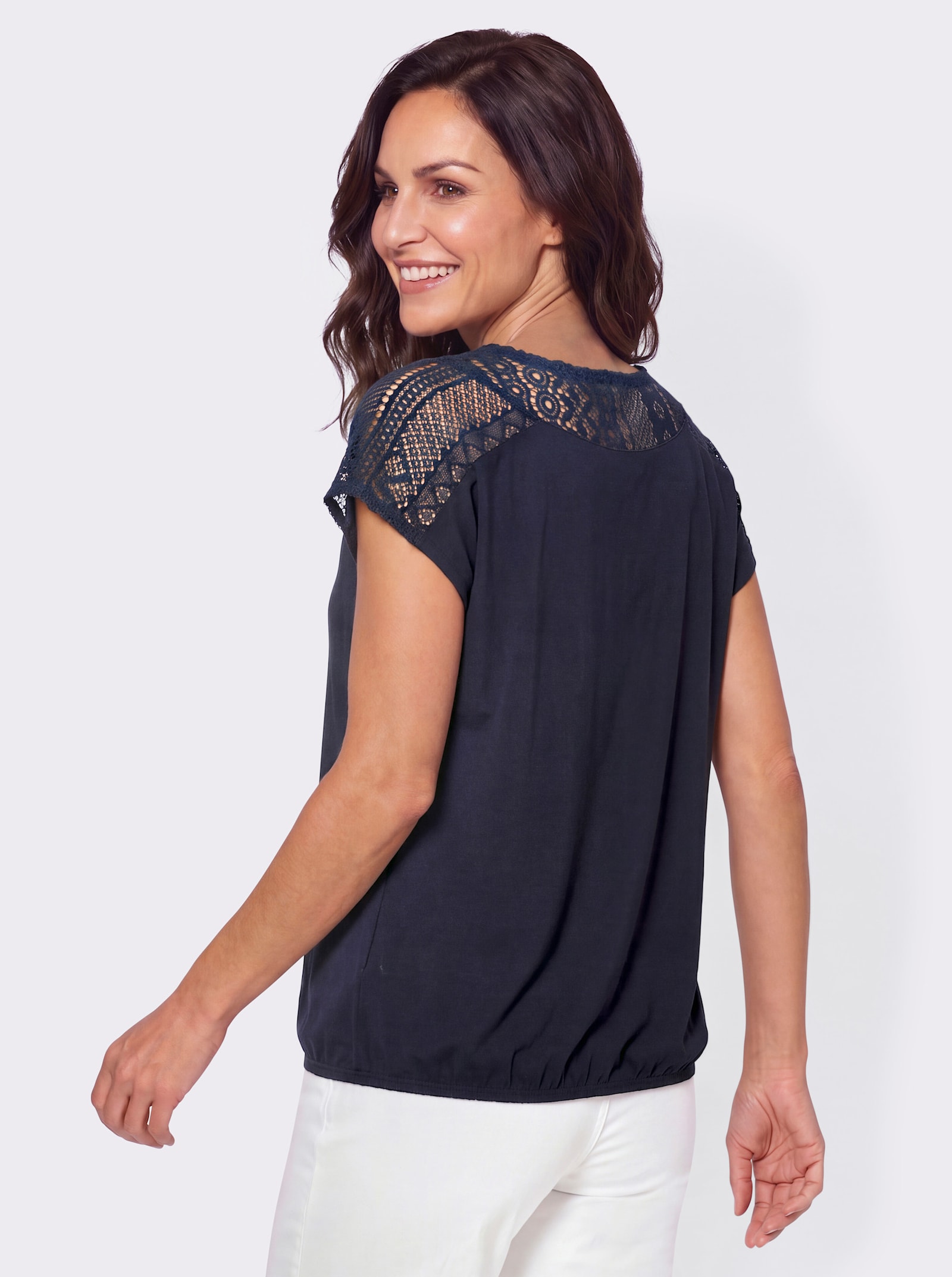 Kurzarmshirt mit Spitzeneinsatz - marine