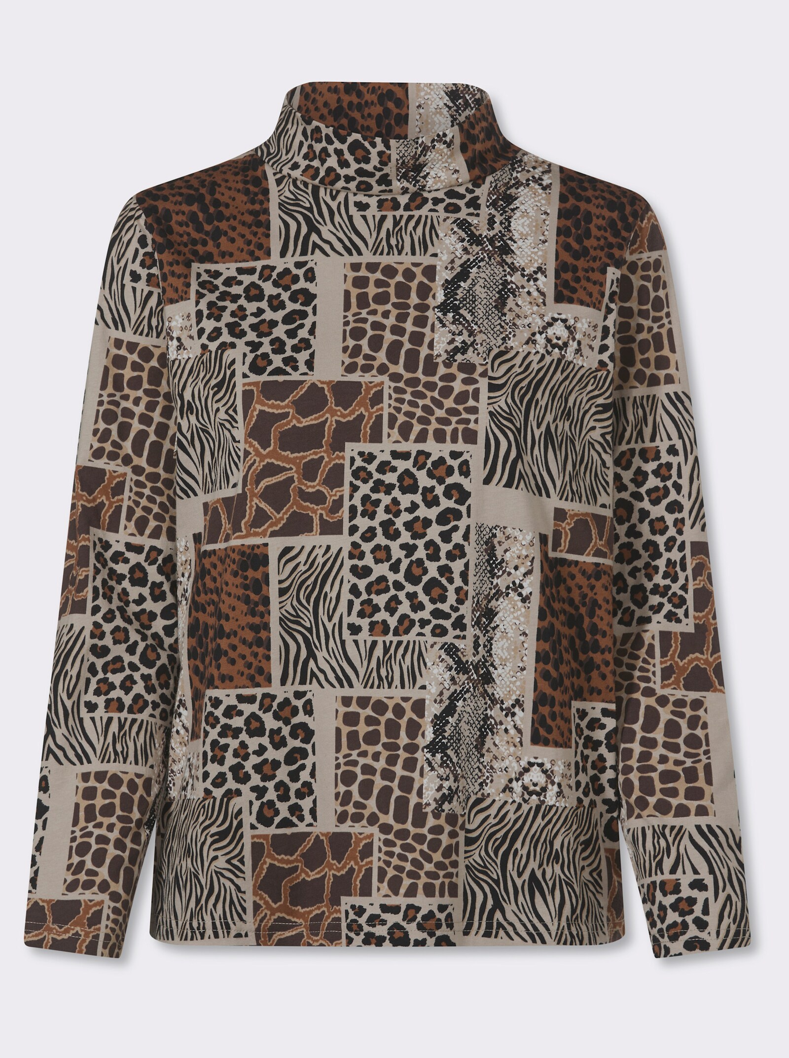 Stehkragenshirt mit Patchwork-Animal-Print - beige-schwarz-bedruckt