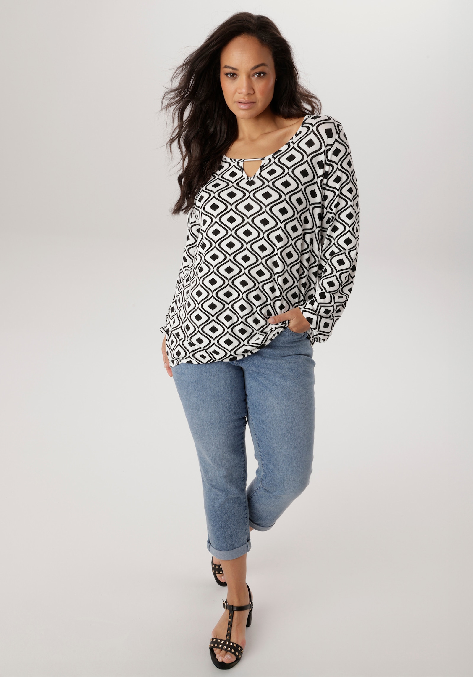 Aniston PLUS Langarmshirt - schwarz-weiß