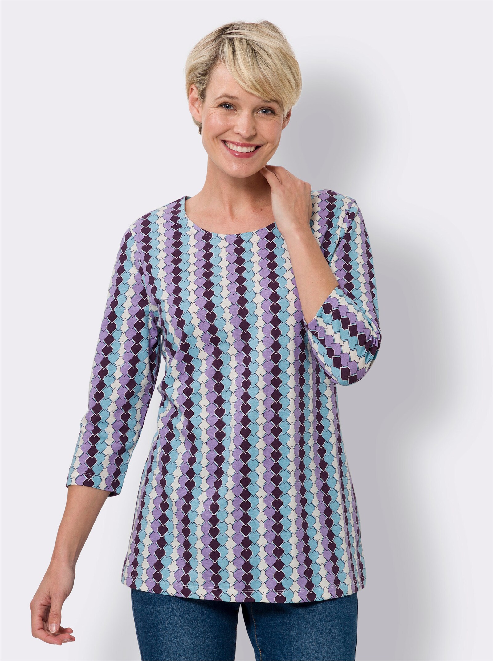 Shirt met 3/4-mouwen in langer model - lavendel/aqua bedrukt