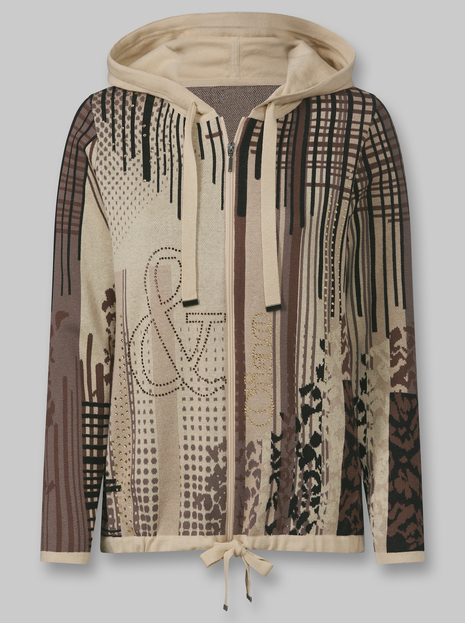 heine Kapuzenstrickjacke mit Ziersteinchen - sand-schwarz-bedruckt