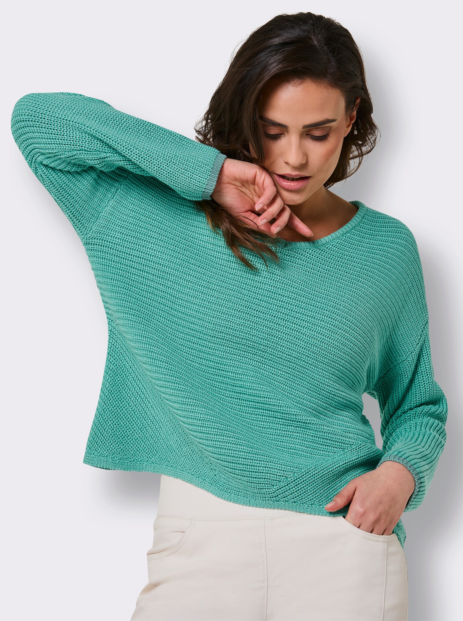 CREATION L PREMIUM Langarm-Pullover mit Kontrastkanten - blaugrün