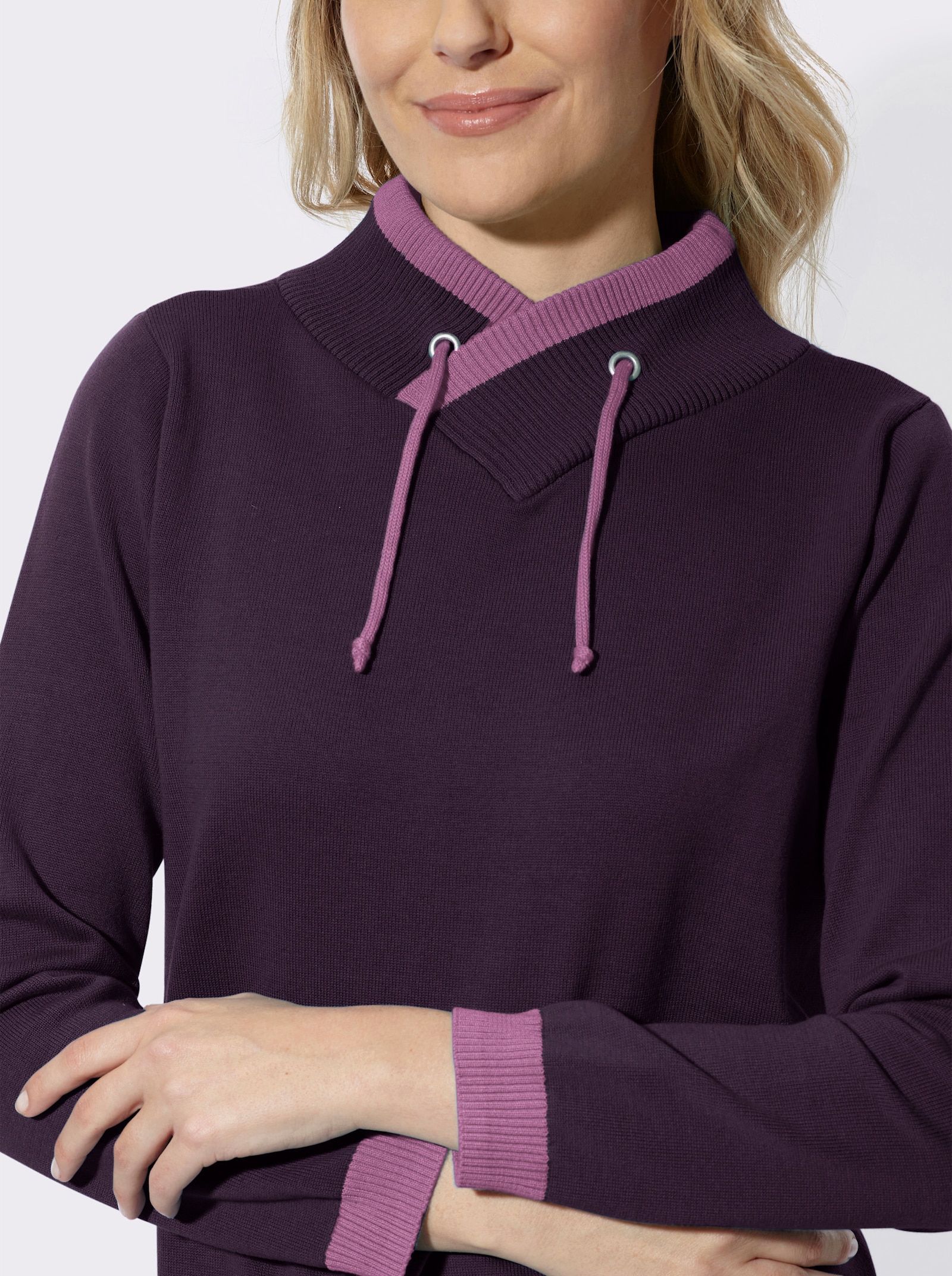Langarm-Pullover mit kontrastfarbigen Bündchen - aubergine-violett