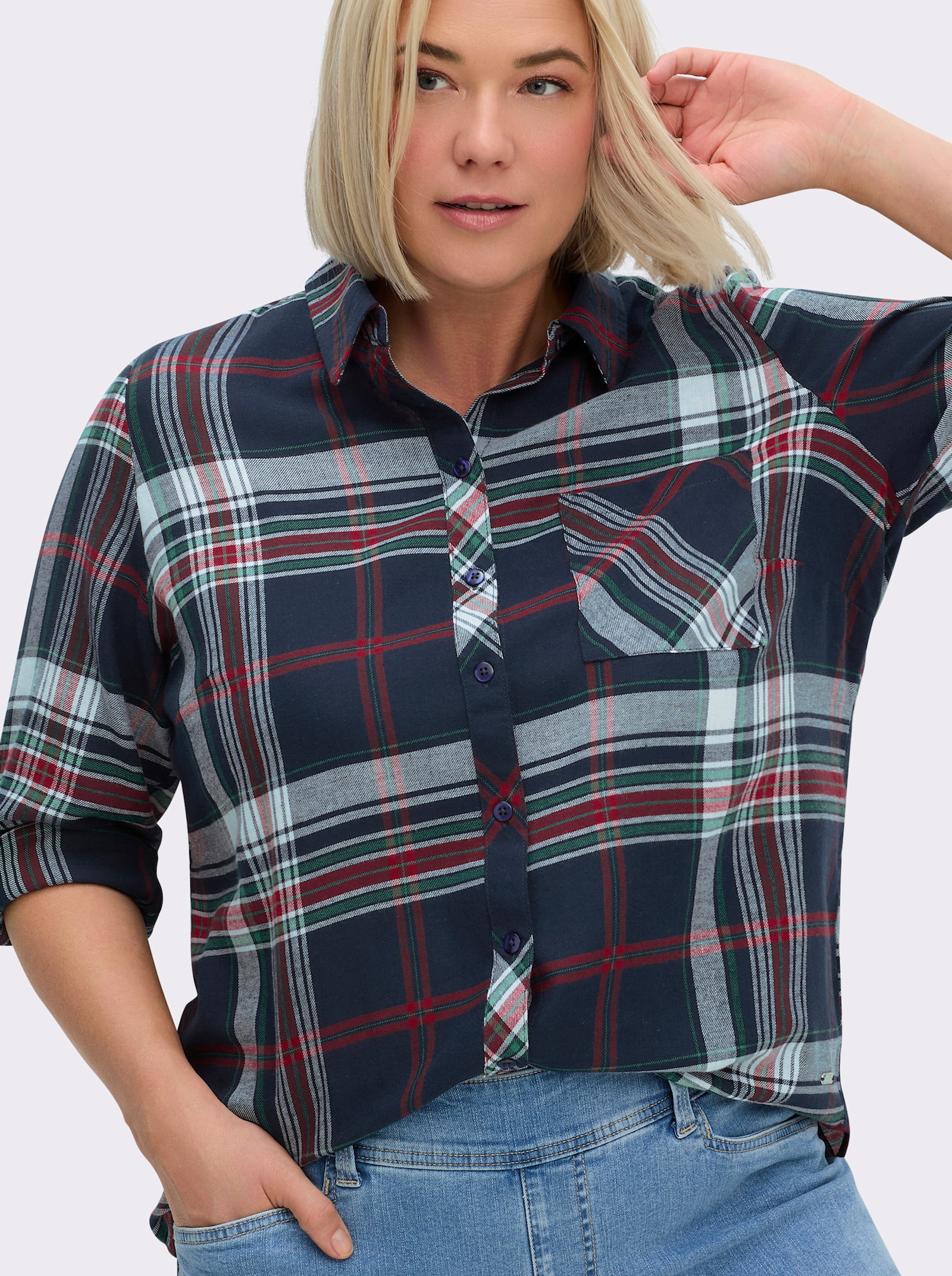 Flanellbluse mit Krempelärmeln - marine-kirsche-kariert