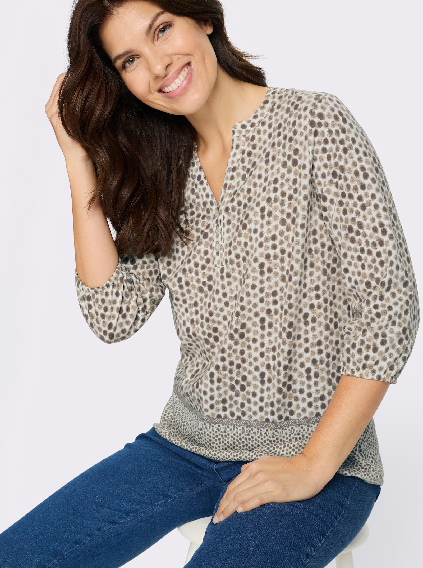 3/4-Arm-Shirt mit Fake-Bordüre - dunkeltaupe-ecru-bedruckt