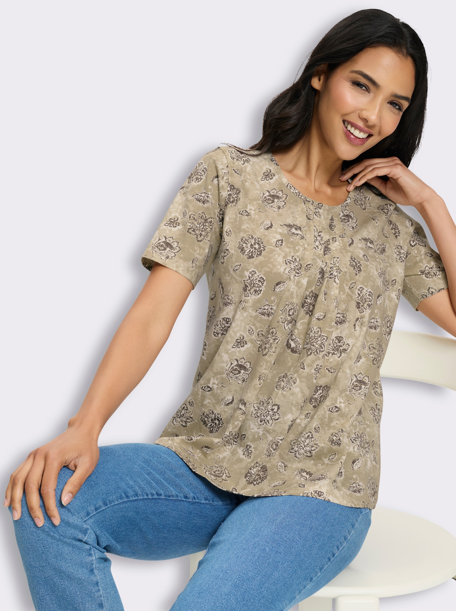 Kurzarmshirt mit Faltenpartie vorne - taupe-beige-bedruckt