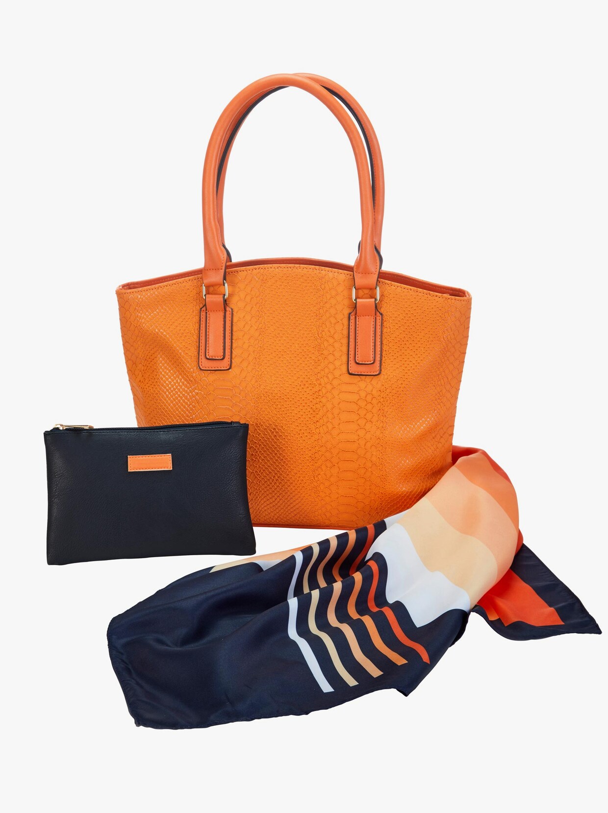 Handtasche mit Kosmetiktasche und Tuch - orange
