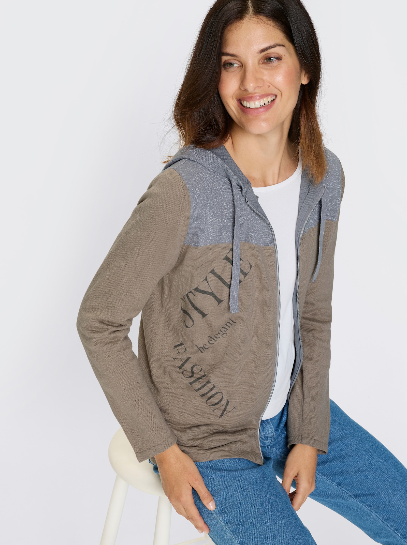 Pletený kabátek s potiskem s nápisem - sezamová-kamenná šedá