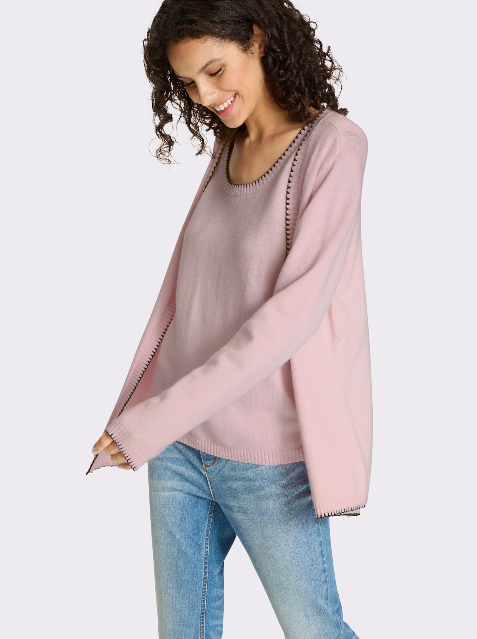 heine Twin-Set mit Kontrast-Details - hellrosé-meliert