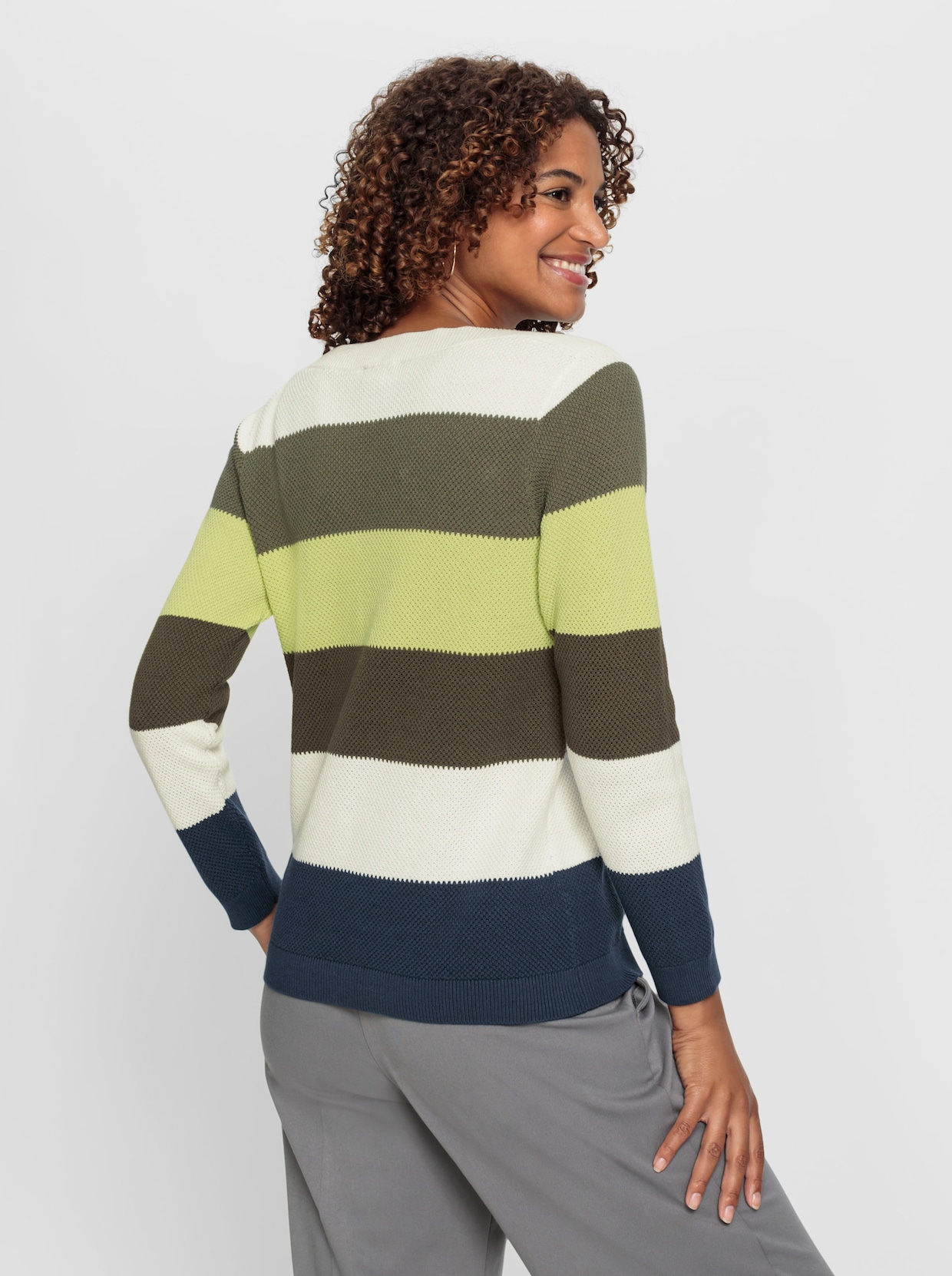 Langarm-Pullover - khaki-ecru-geringelt