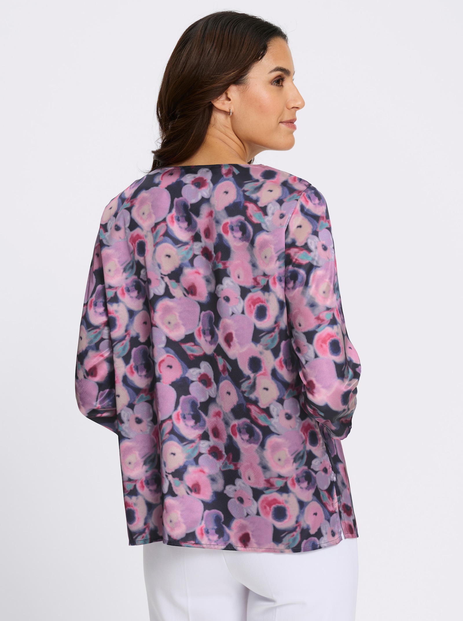 Satinbluse mit Falten am Ausschnitt - marine-puder-bedruckt