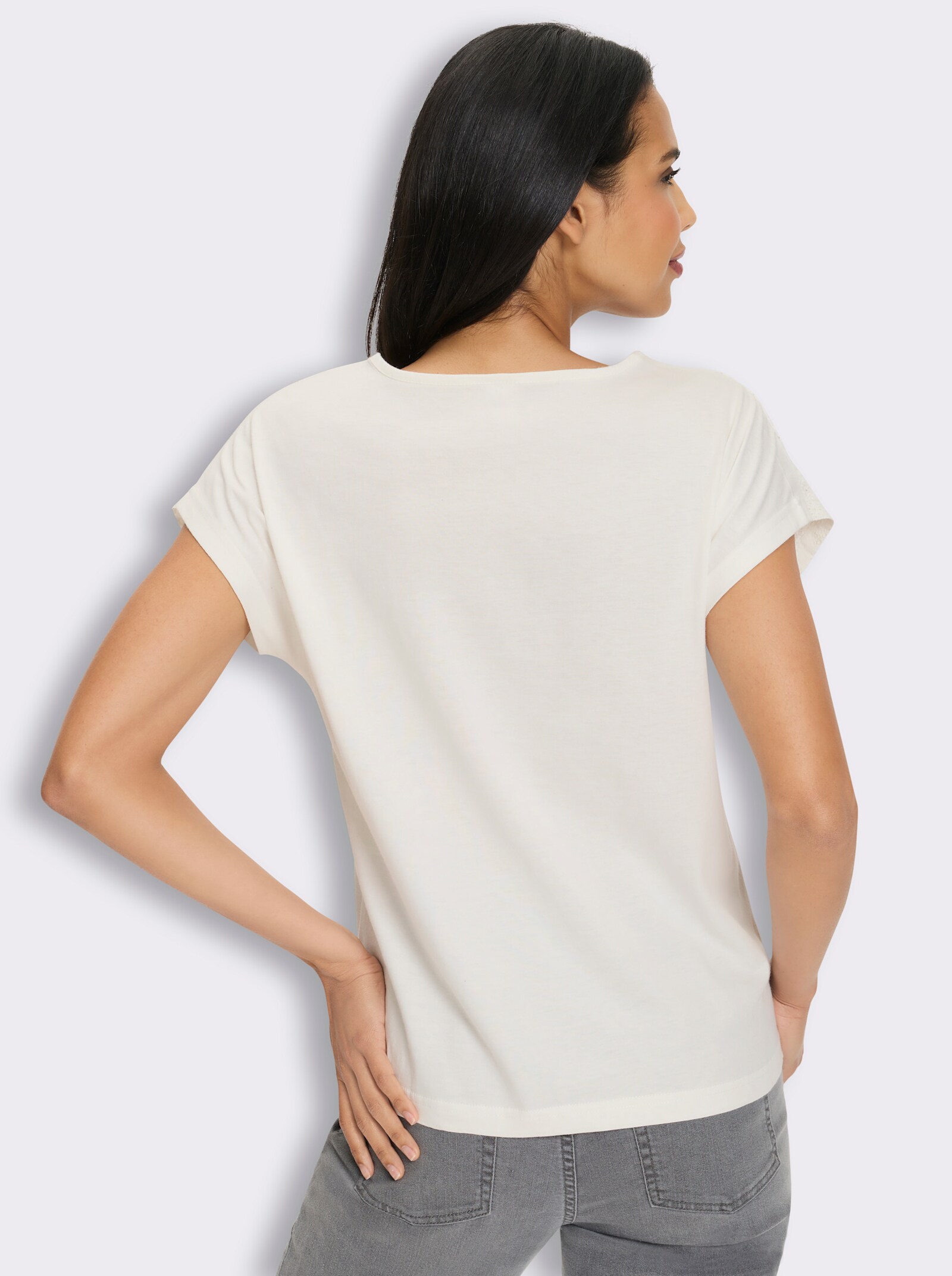 Kurzarmshirt mit Spitzen-Details, Baumwolle - ecru