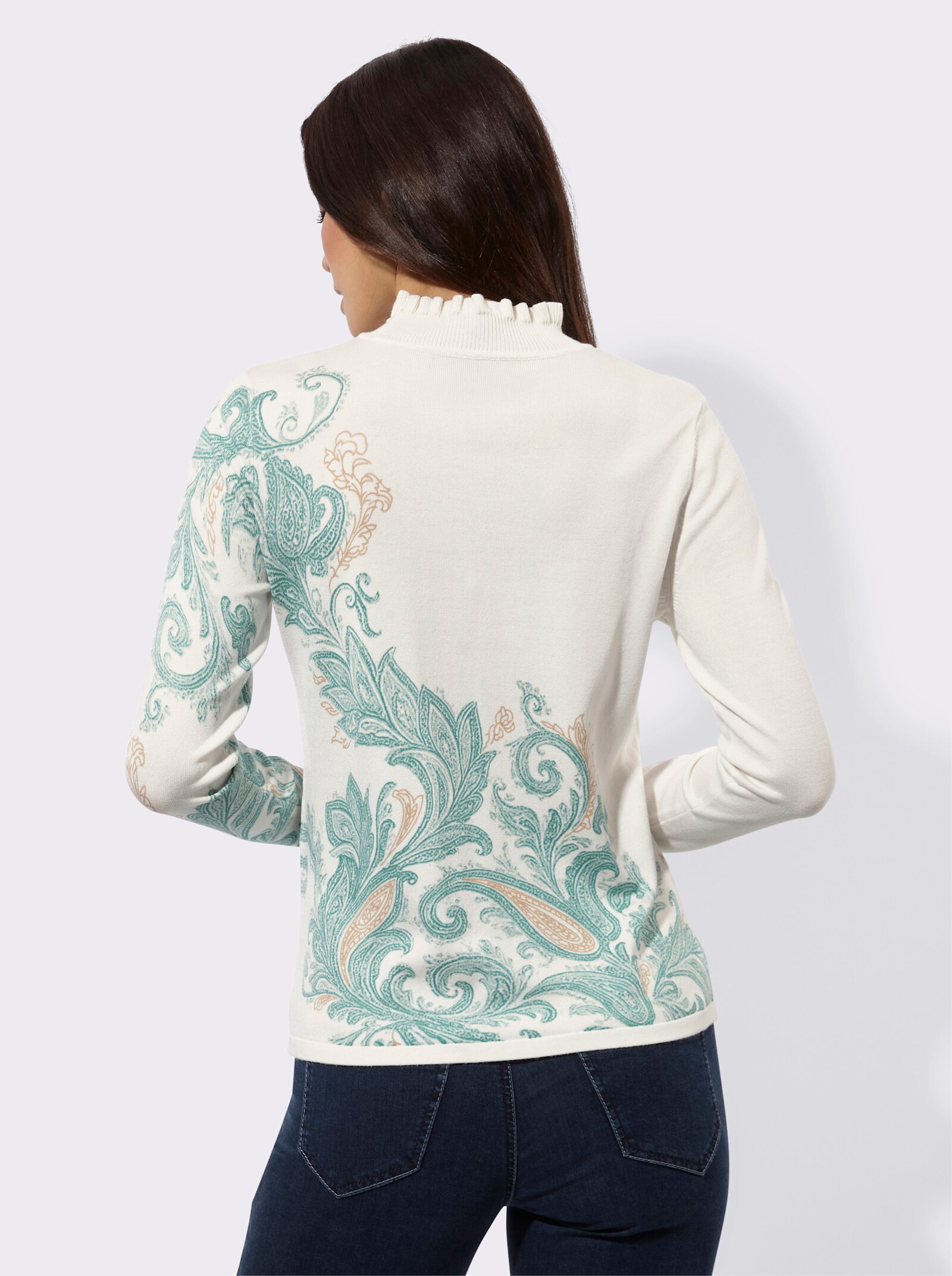 Langarm-Pullover mit einfarbigem Rückenteil - ecru-salbei-bedruckt