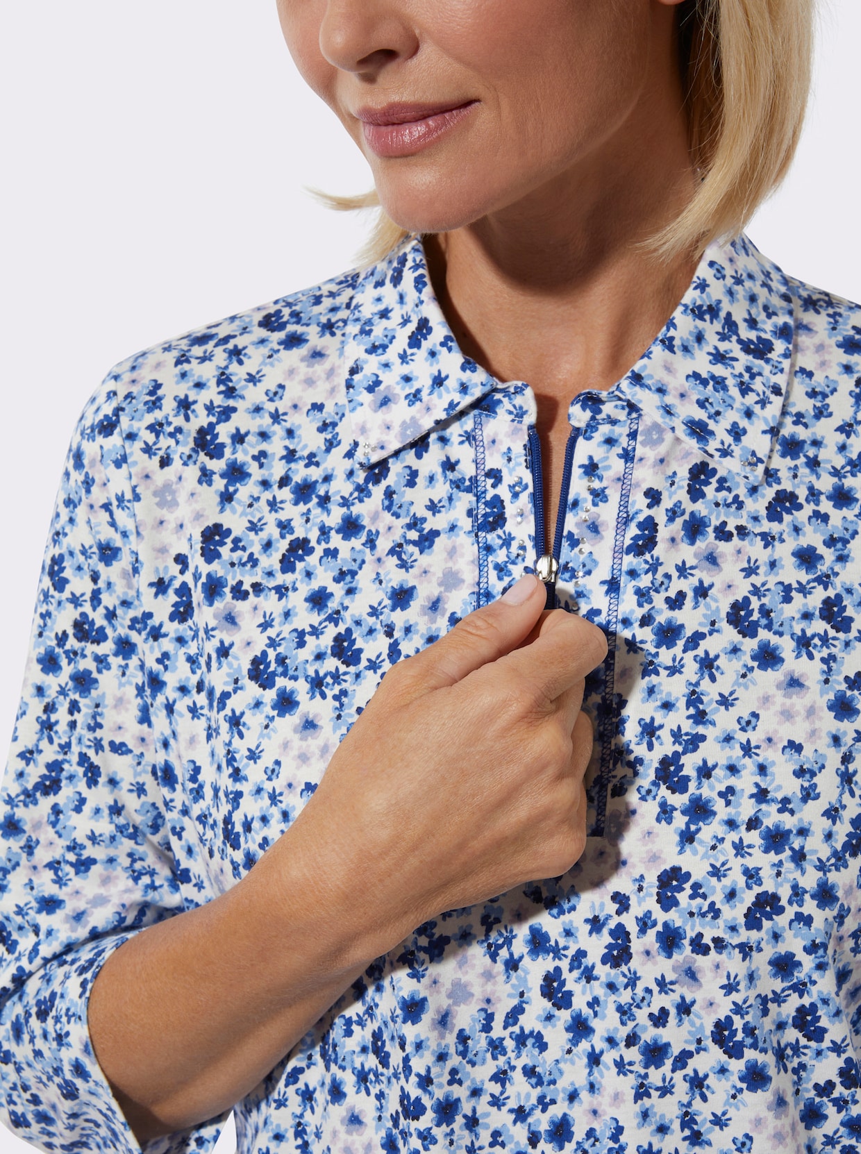 Poloshirt - royalblau-ecru-bedruckt