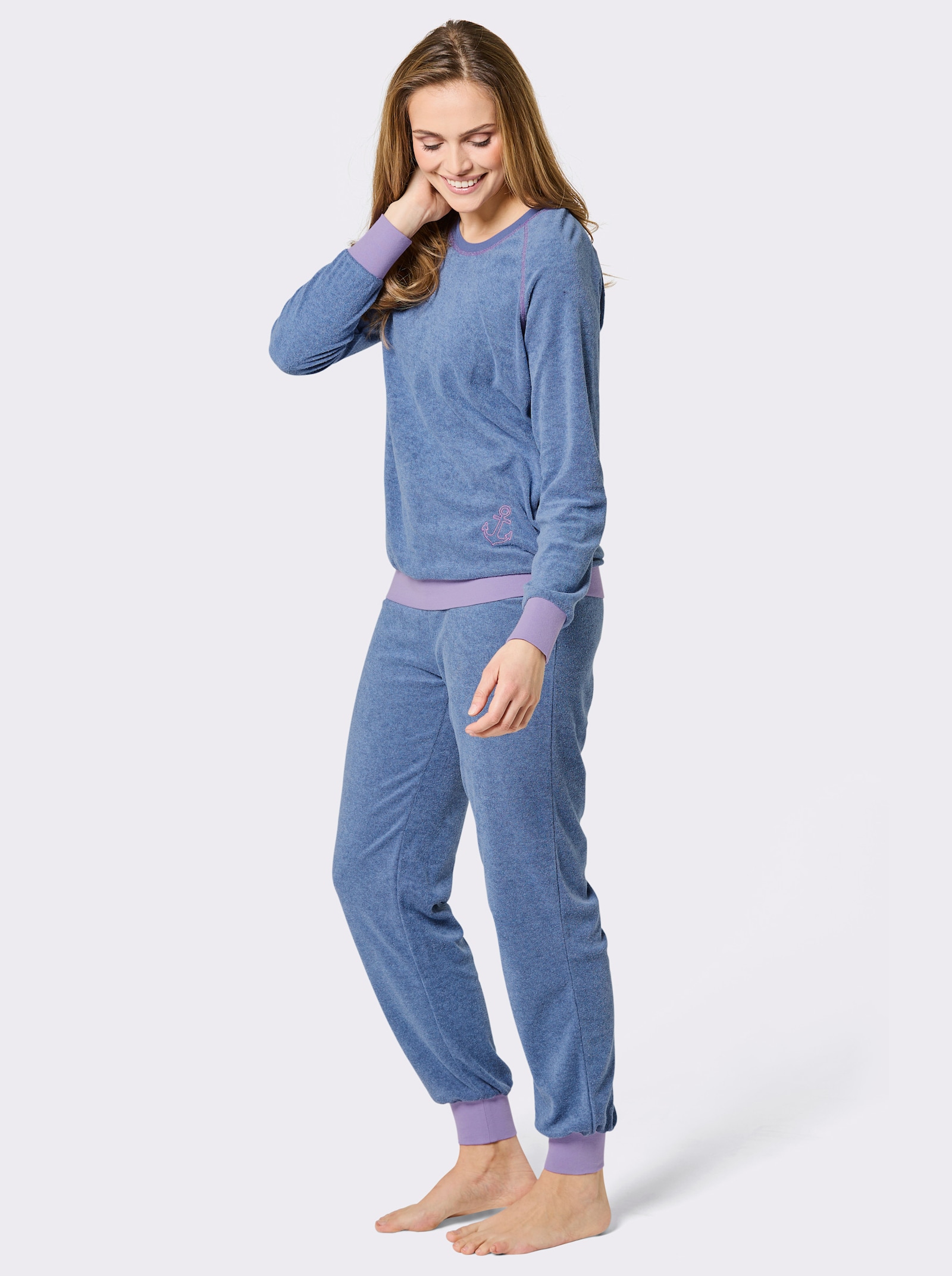 wäschepur Schlafanzug aus Feinfrottee - jeansblau-meliert-lavendel