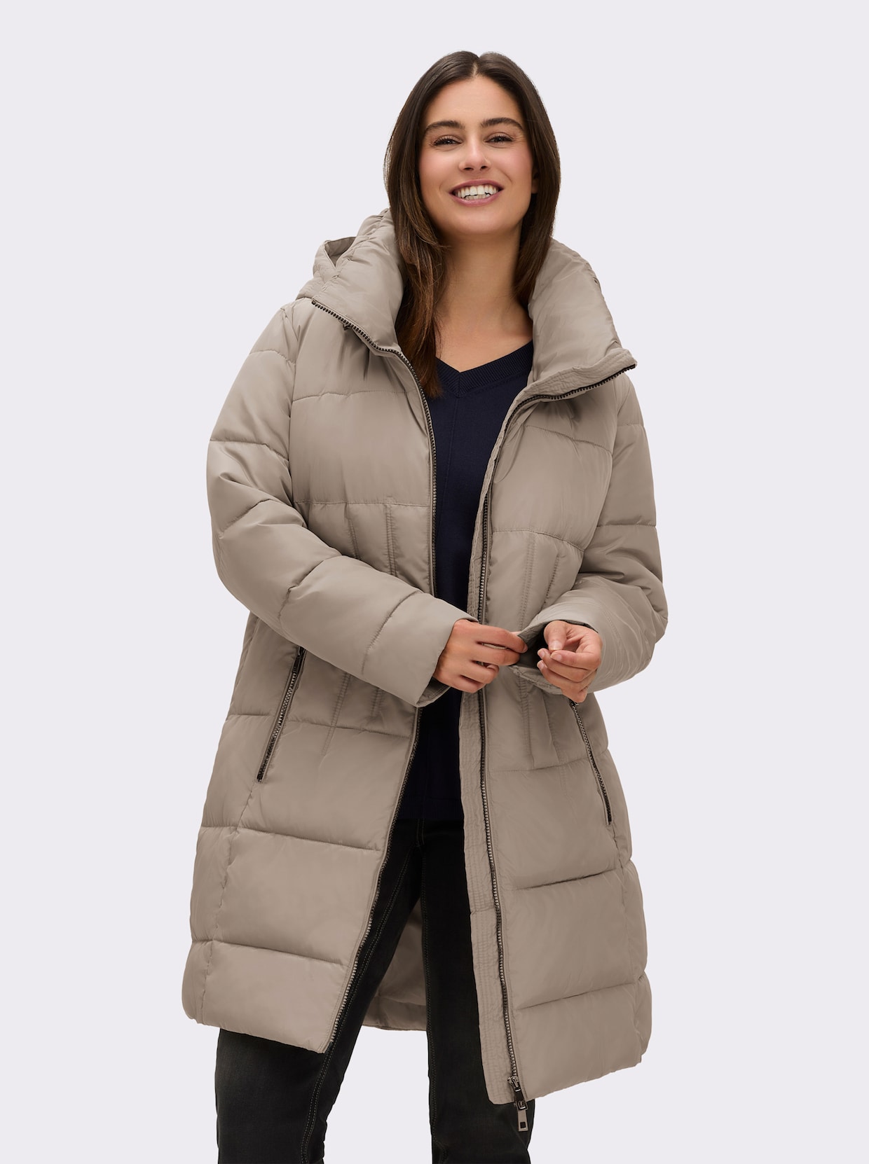 Steppmantel mit Raffung am Stehkragen - sesam