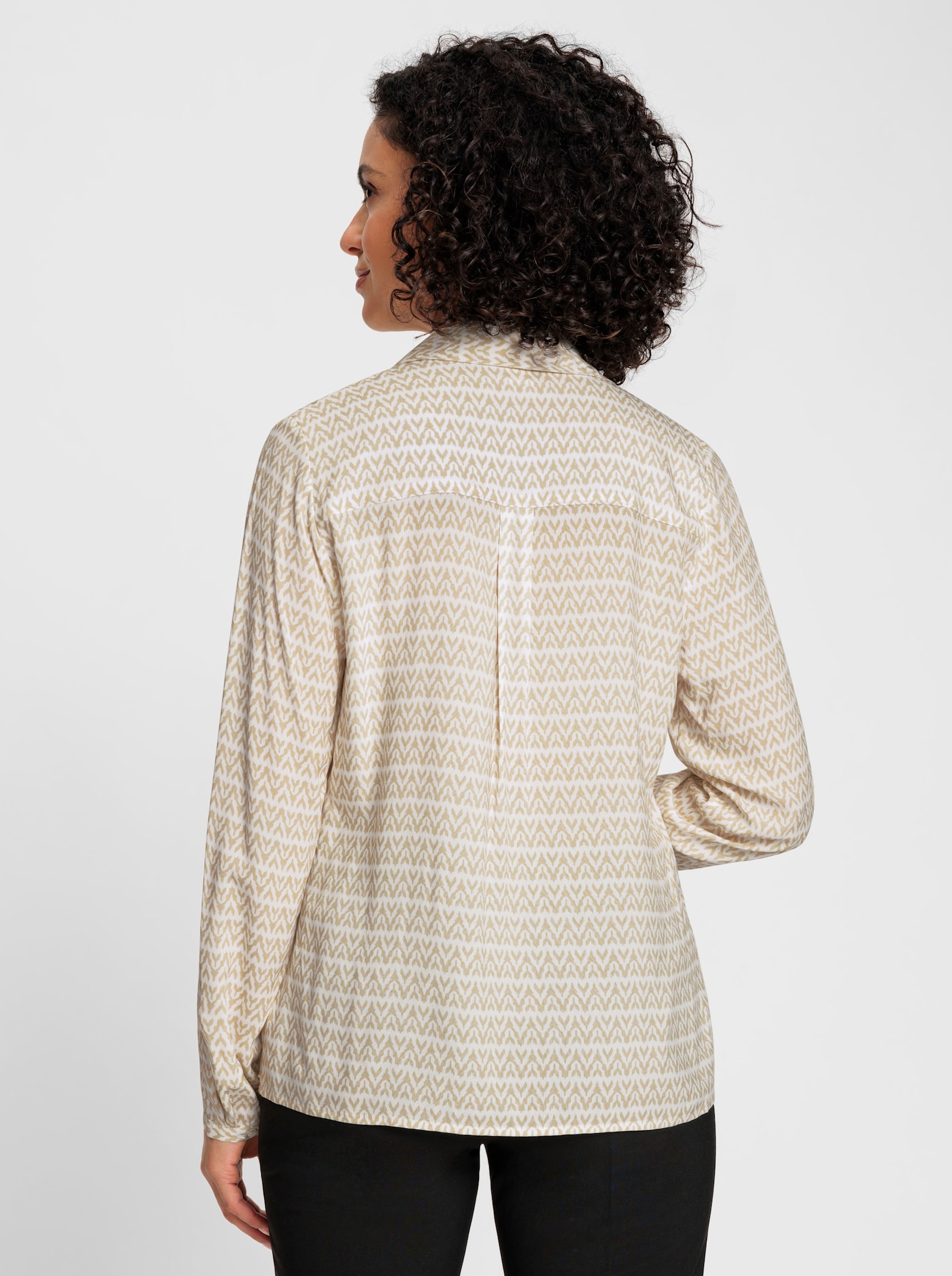 Langarm-Bluse mit offenem Hemdkragen - sand-ecru-bedruckt