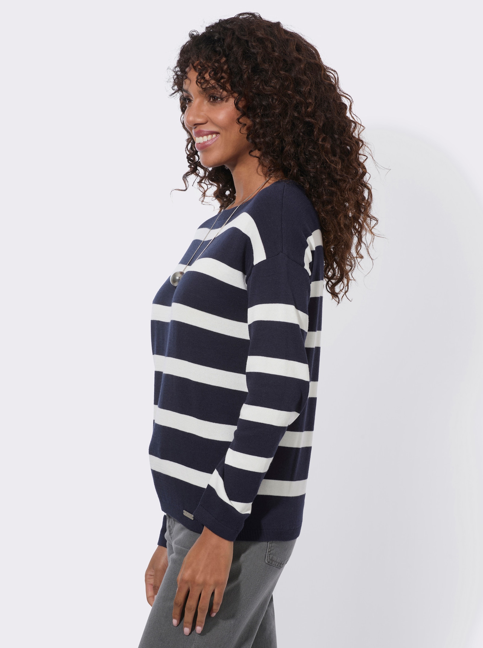 Feinstrickpullover mit U-Boot-Ausschnitt - marine-ecru-geringelt