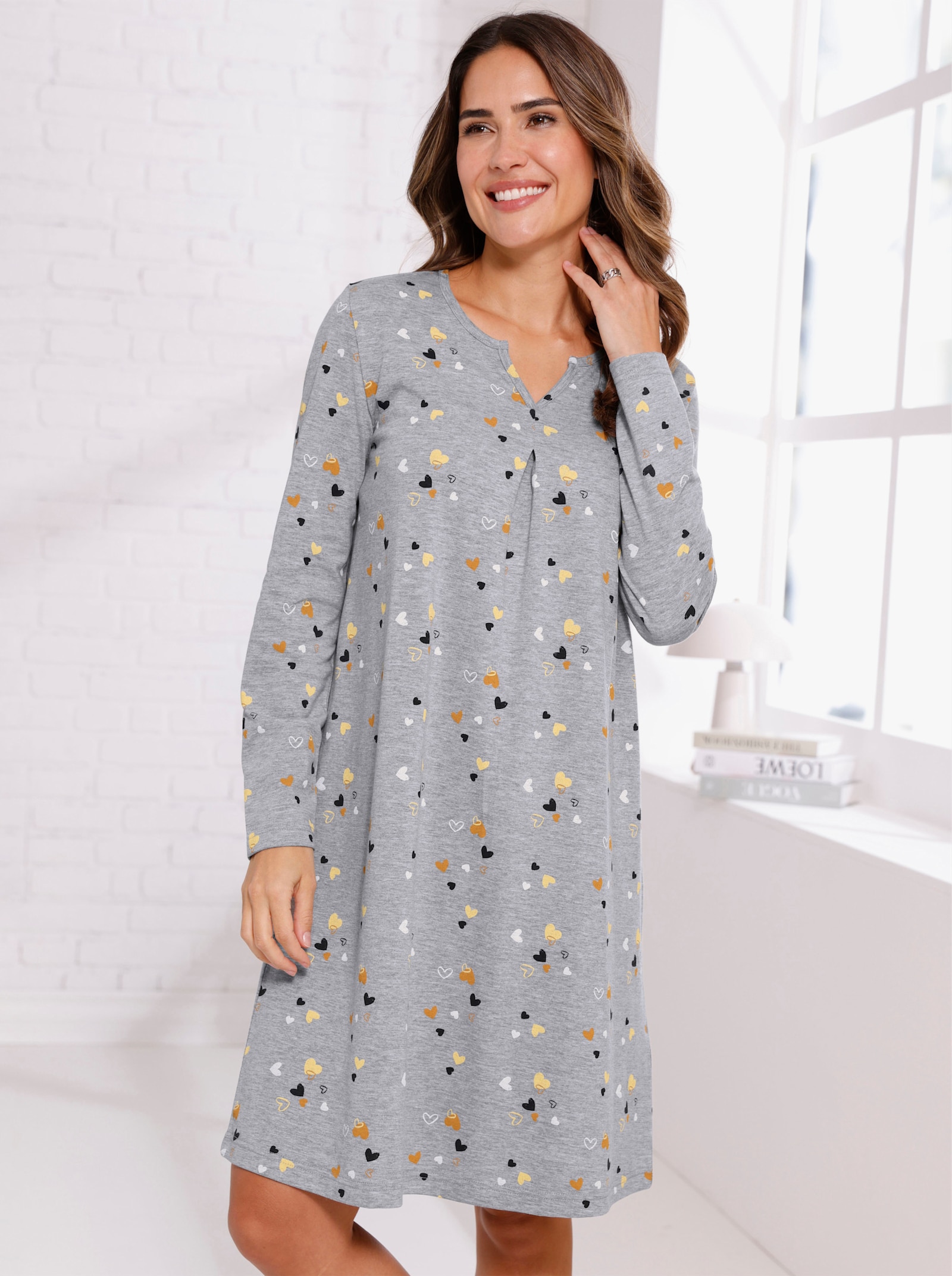 Nachthemd in melierter Qualität - grau-meliert-marine-bedruckt