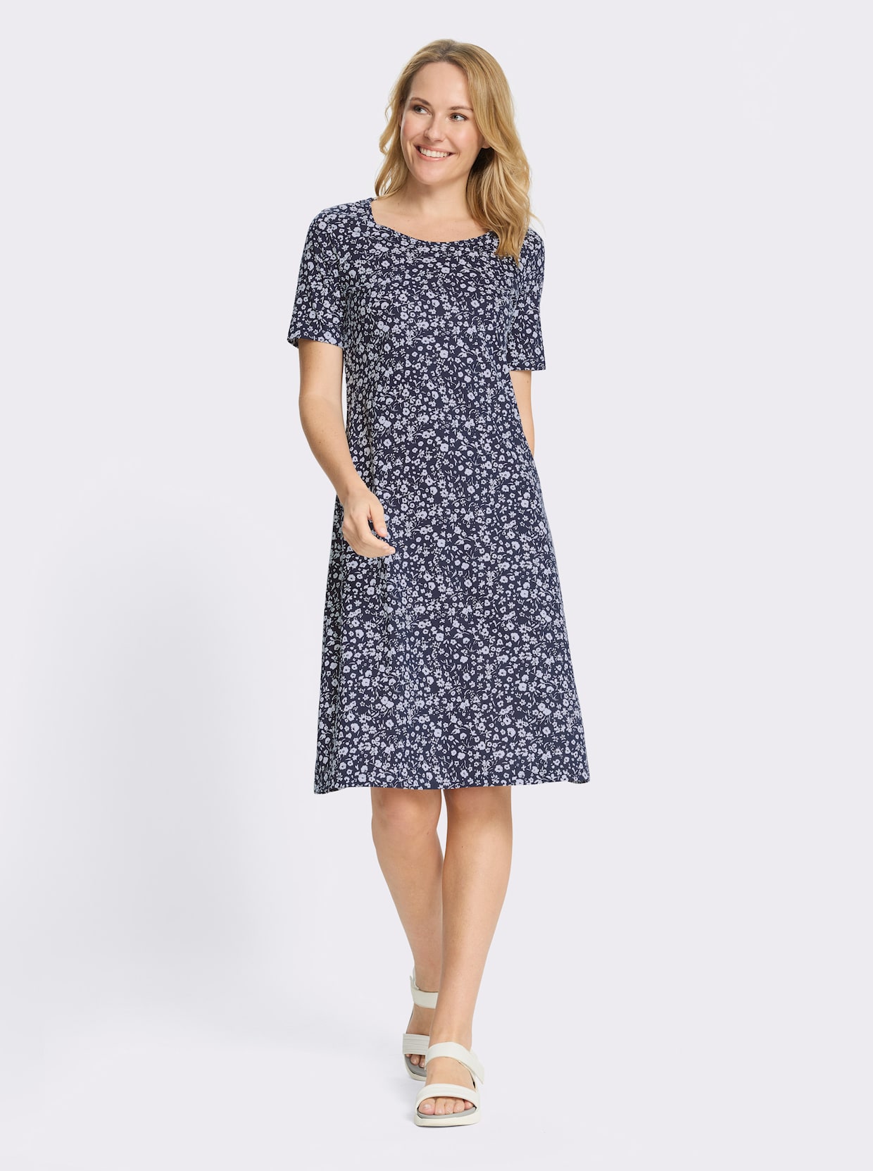 Jerseykleid im Millesfleurs-Dessin - marine-weiß-bedruckt