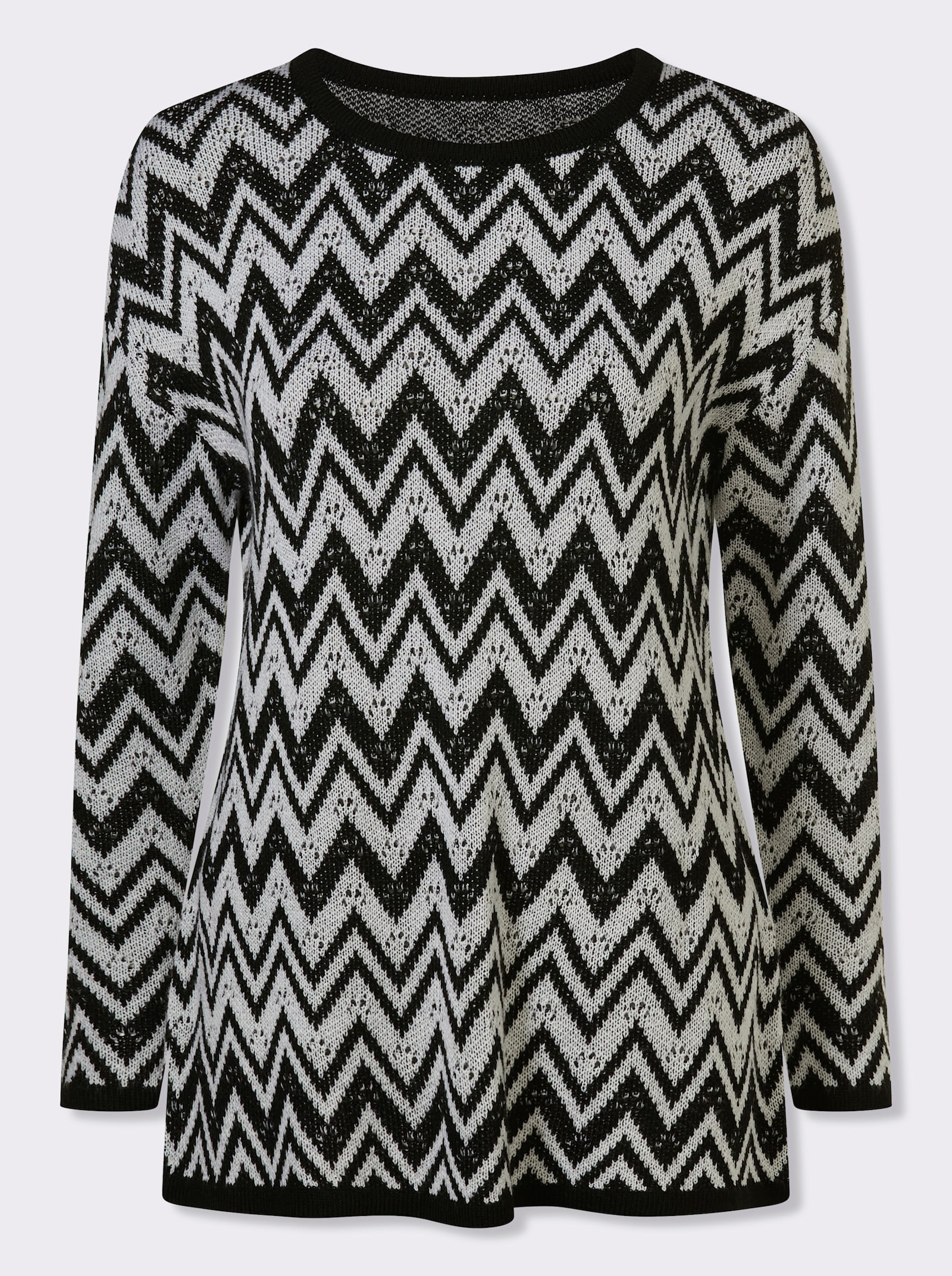 Longpullover mit Zickzack- und Ajour-Muster - schwarz-weiß-gemustert