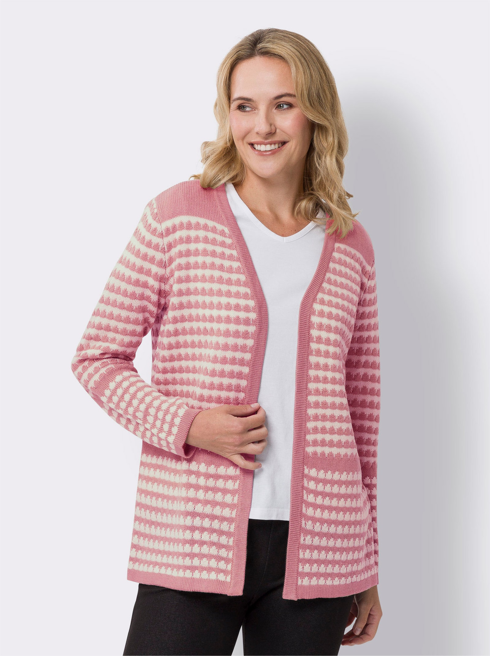 Longstrickjacke in Streifen-Optik - altrosa-champagner-gemustert