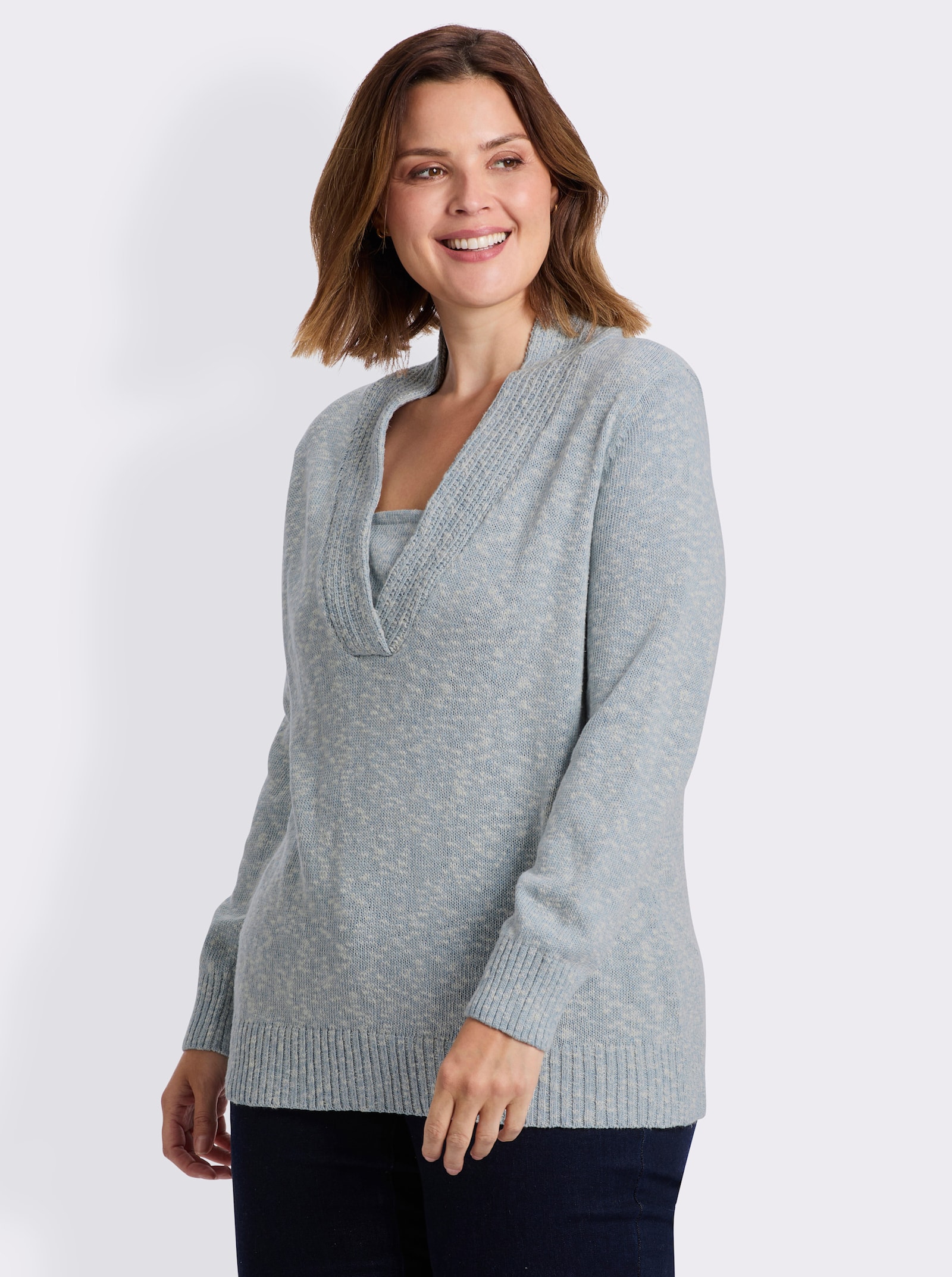 V-Ausschnitt-Pullover in 2-in-1-Optik - bleu-meliert