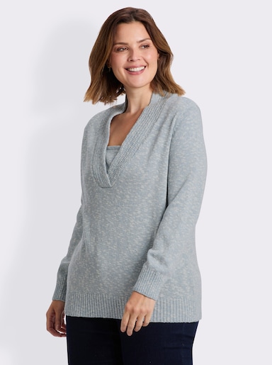 V-Ausschnitt-Pullover in 2-in-1-Optik - bleu-meliert