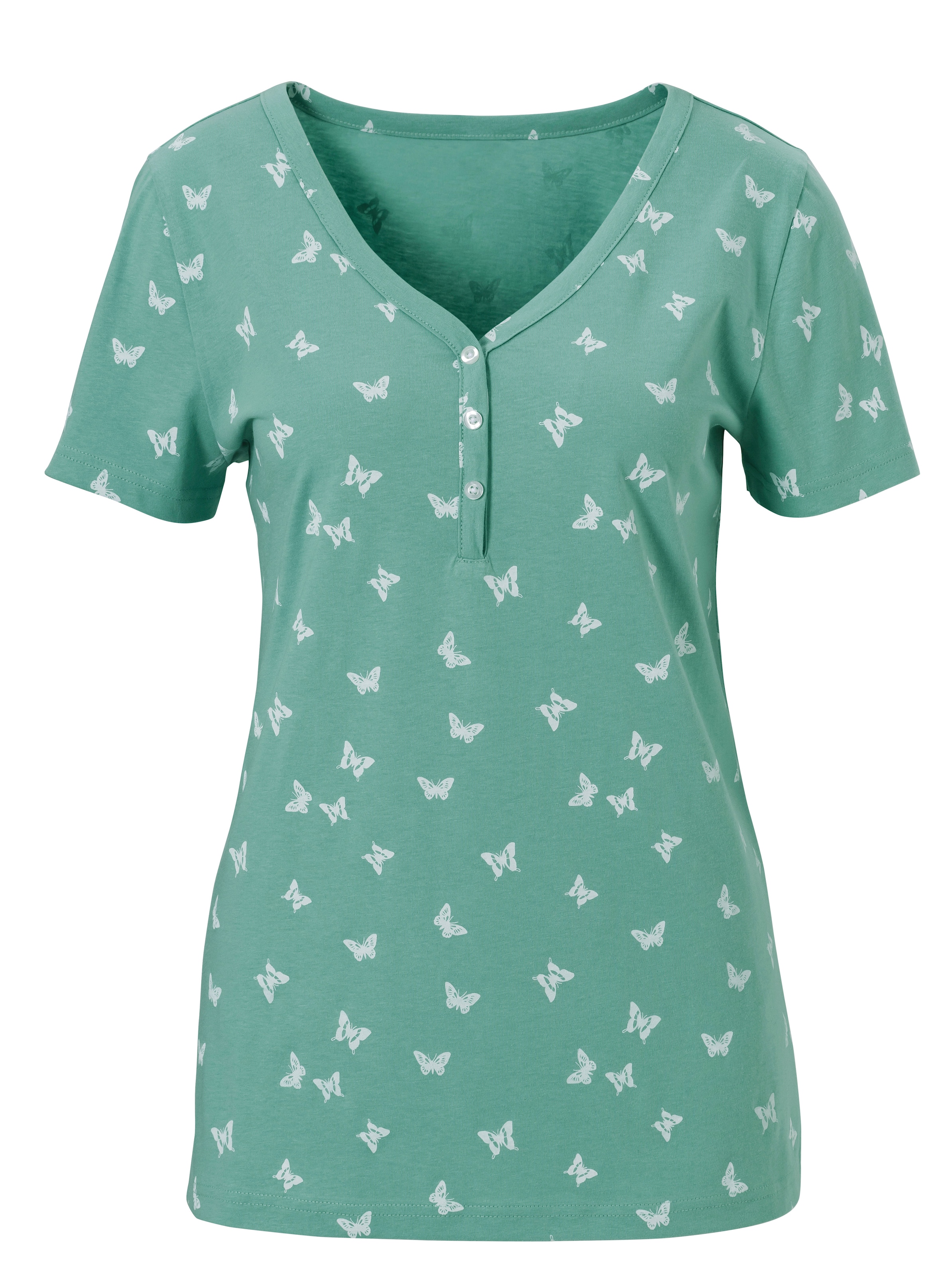 in Love  günstig Kaufen-T-Shirt in salbei-bedruckt von heine. T-Shirt in salbei-bedruckt von heine <![CDATA[Sie sind total im Trend und verzaubern jetzt auch auf diesem Shirt als Allover-Print: Schmetterlinge! Mit V-Ausschnitt und kurzer Knopfleiste.]]>. 