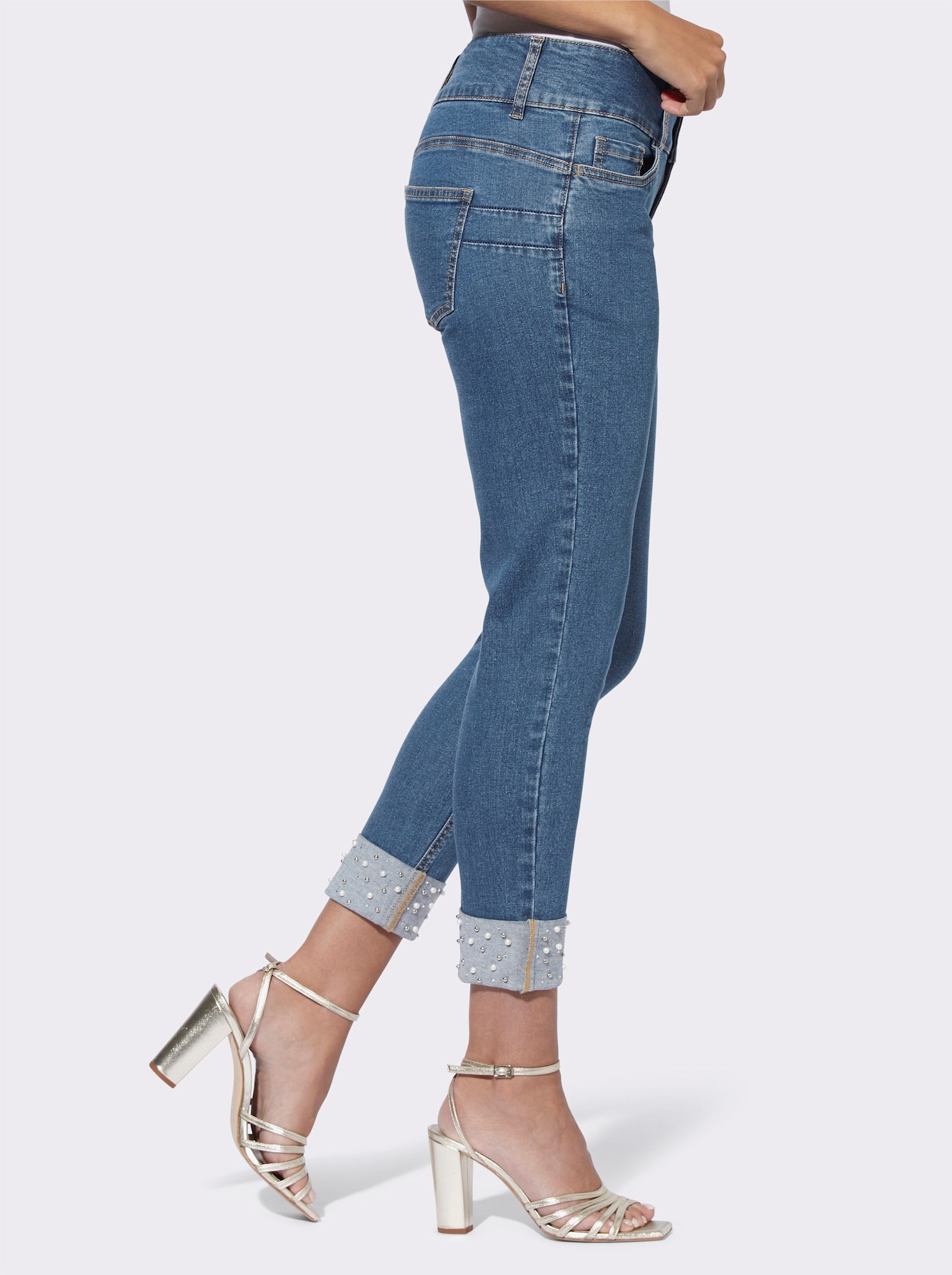 heine Push-up-jeans met sierkralen en -steentjes op de omslag - blue-bleached
