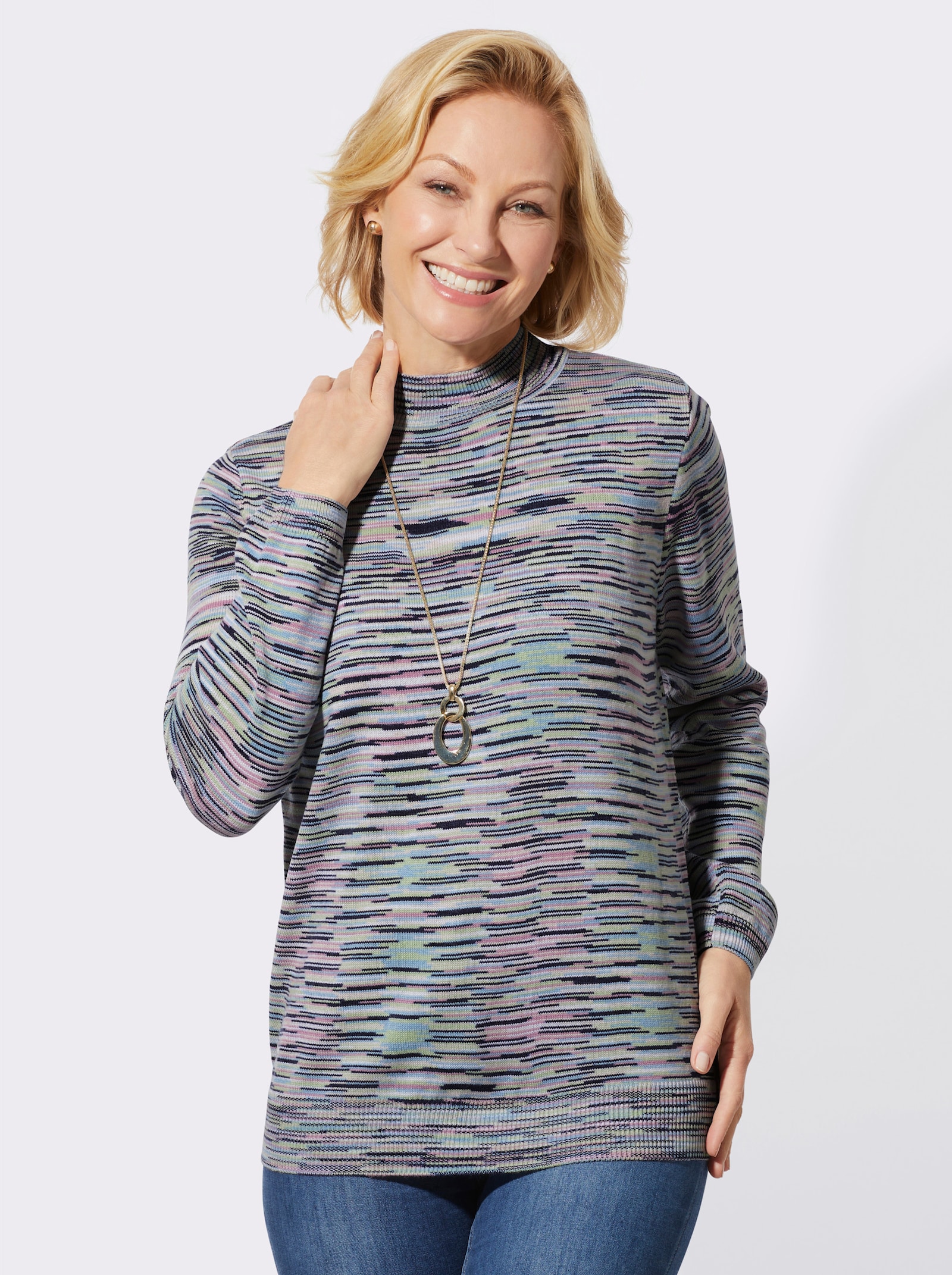 Stehkragenpullover in Melange-Strick - orchidee-marine-gemustert