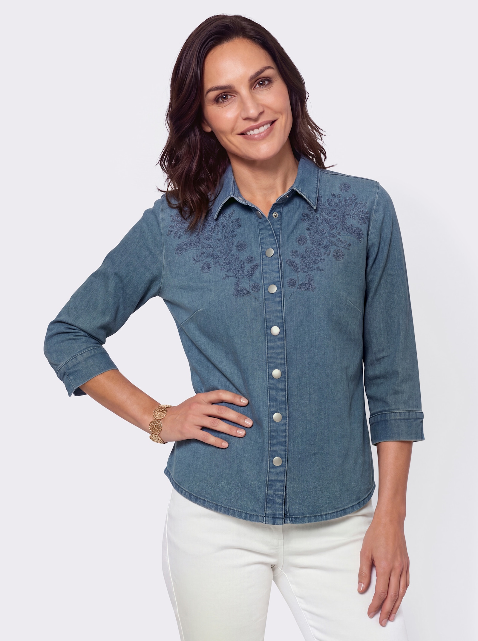 Jeansbluse mit Stickerei - blue-bleached