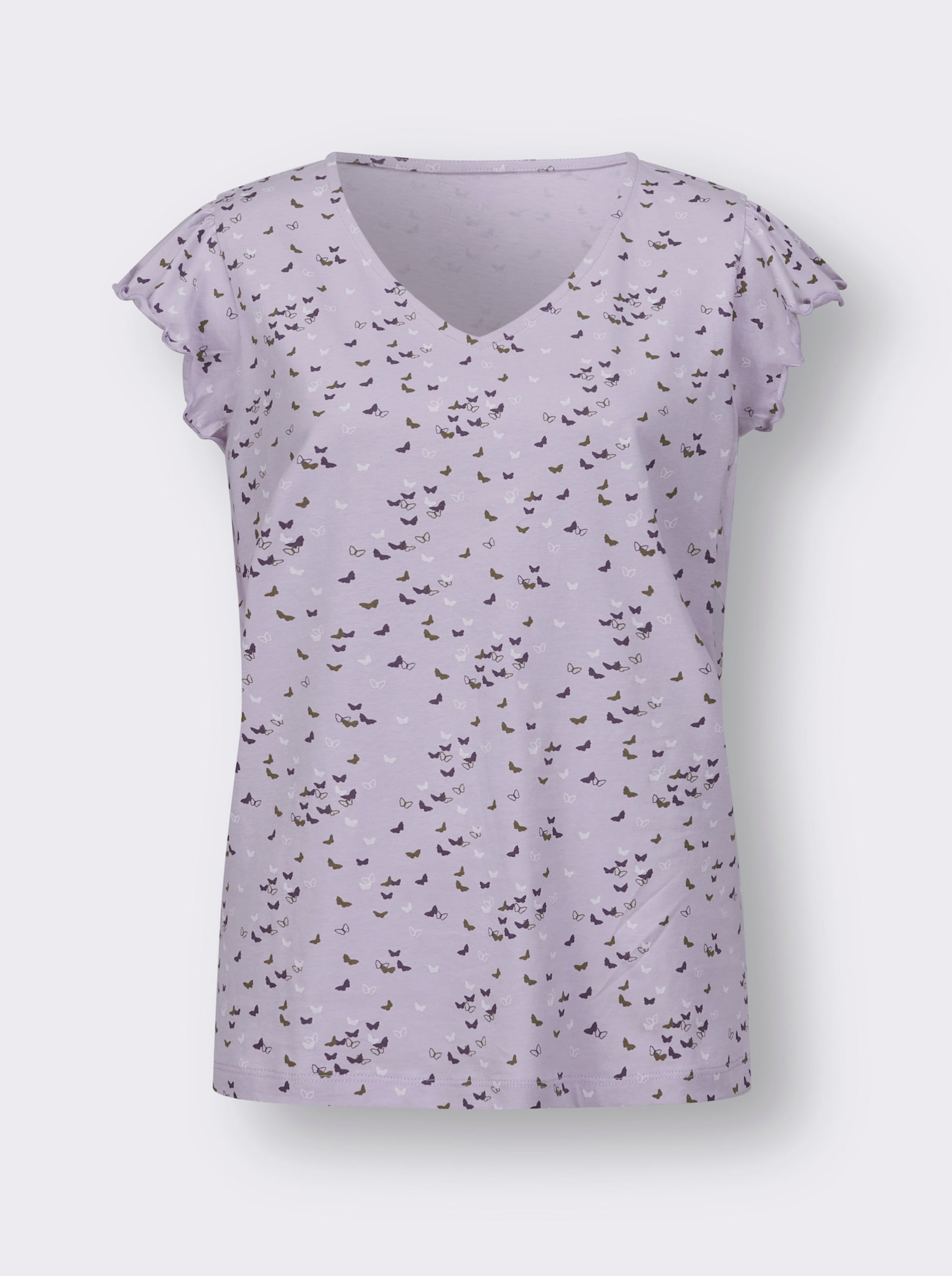 V-Shirt mit Schmetterling-Muster - flieder-feige-bedruckt