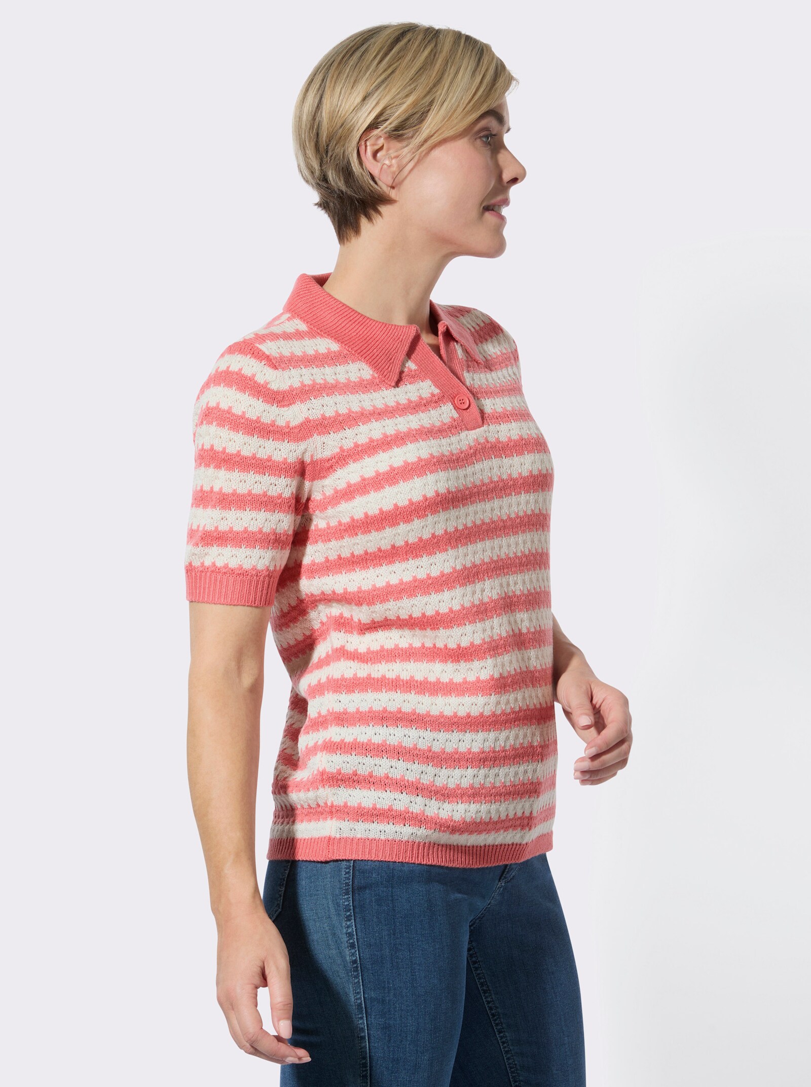 Polopullover mit Ajourmuster - flamingo-ecru-geringelt