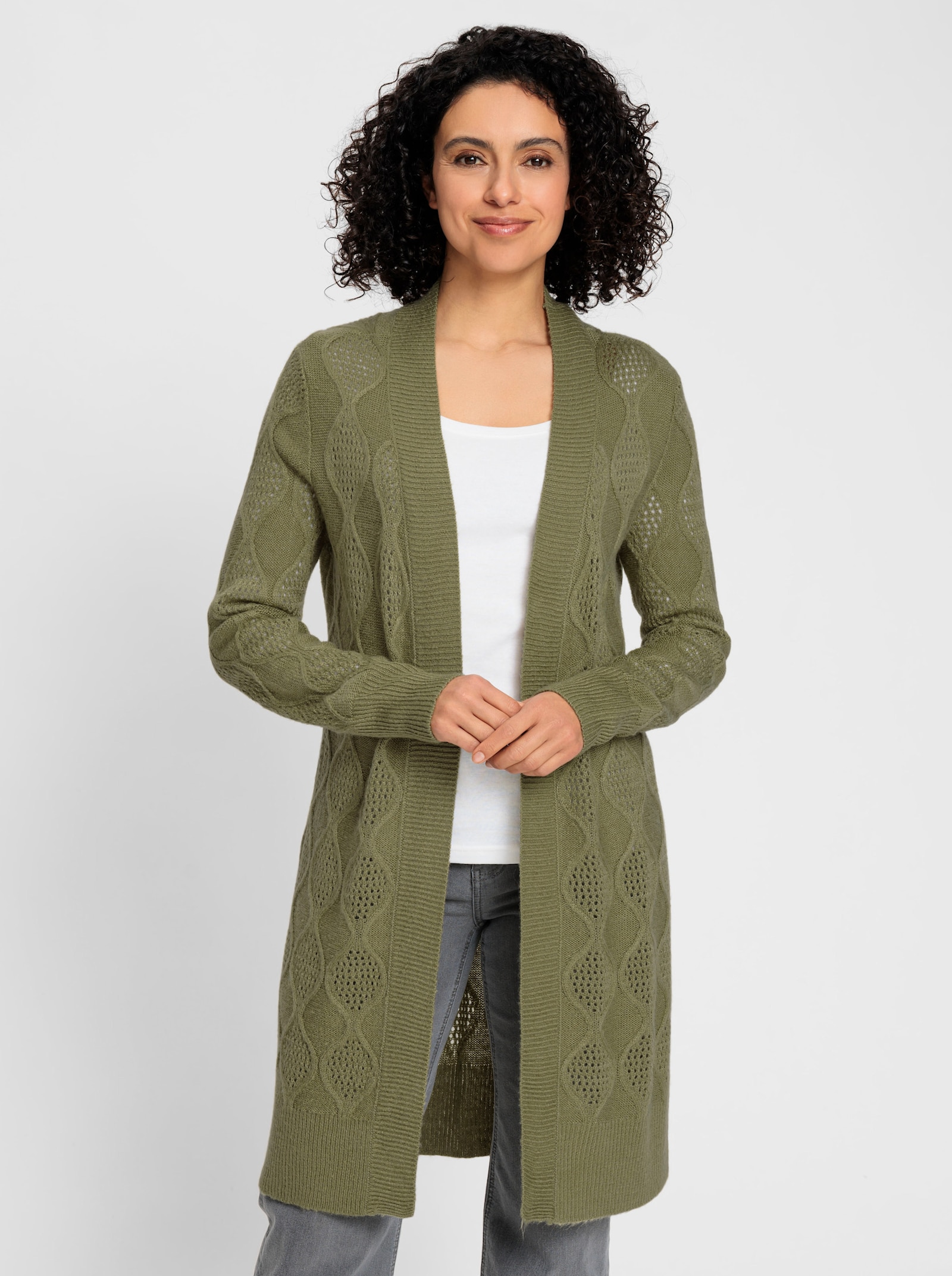 Longstrickjacke in Ajour- und Linkststrick-Muster - schilf